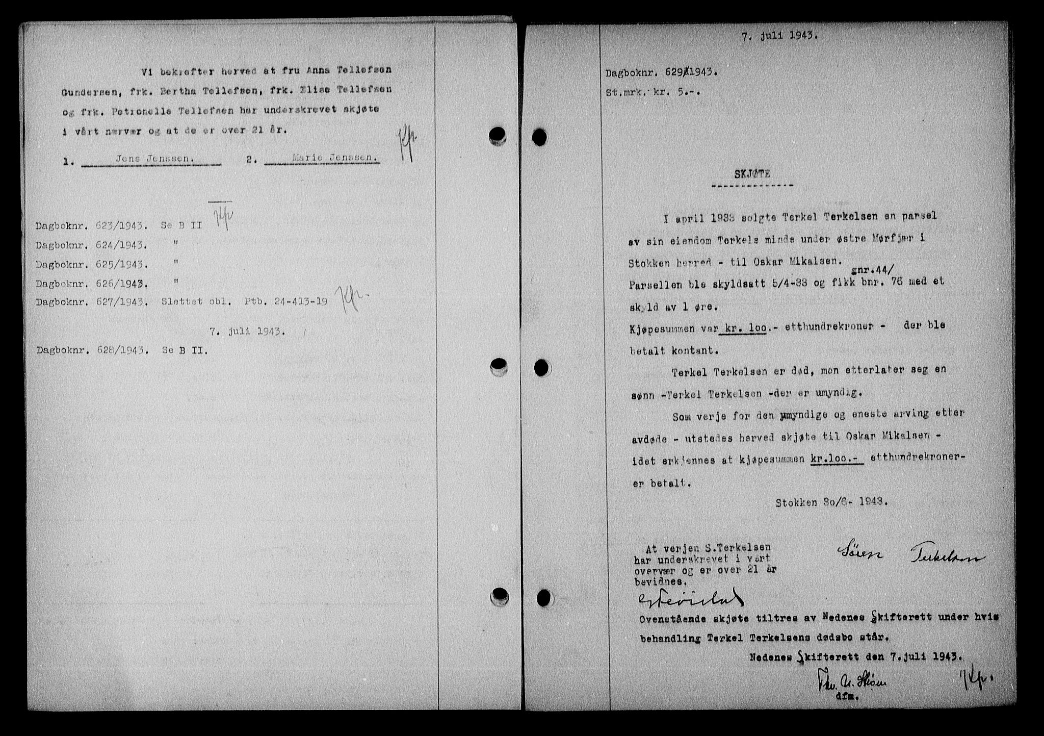 Nedenes sorenskriveri, SAK/1221-0006/G/Gb/Gba/L0050: Mortgage book no. A-IV, 1942-1943, Diary no: : 629/1943