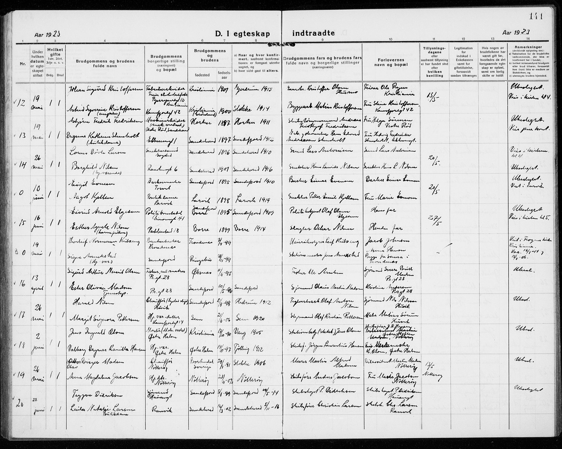 Sandefjord kirkebøker, AV/SAKO-A-315/G/Ga/L0004: Parish register (copy) no. 4, 1920-1931, p. 141