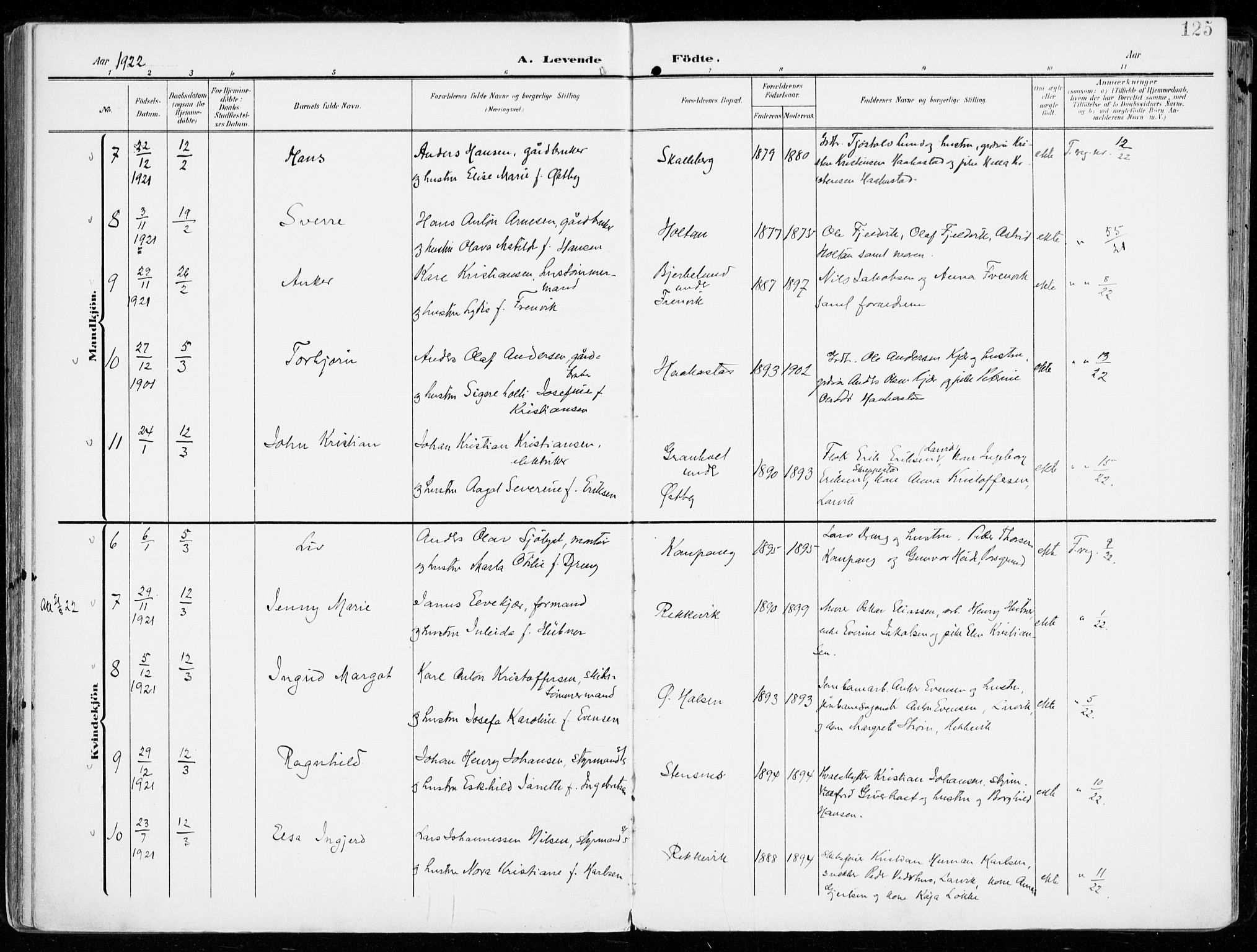 Tjølling kirkebøker, AV/SAKO-A-60/F/Fa/L0010: Parish register (official) no. 10, 1906-1923, p. 125