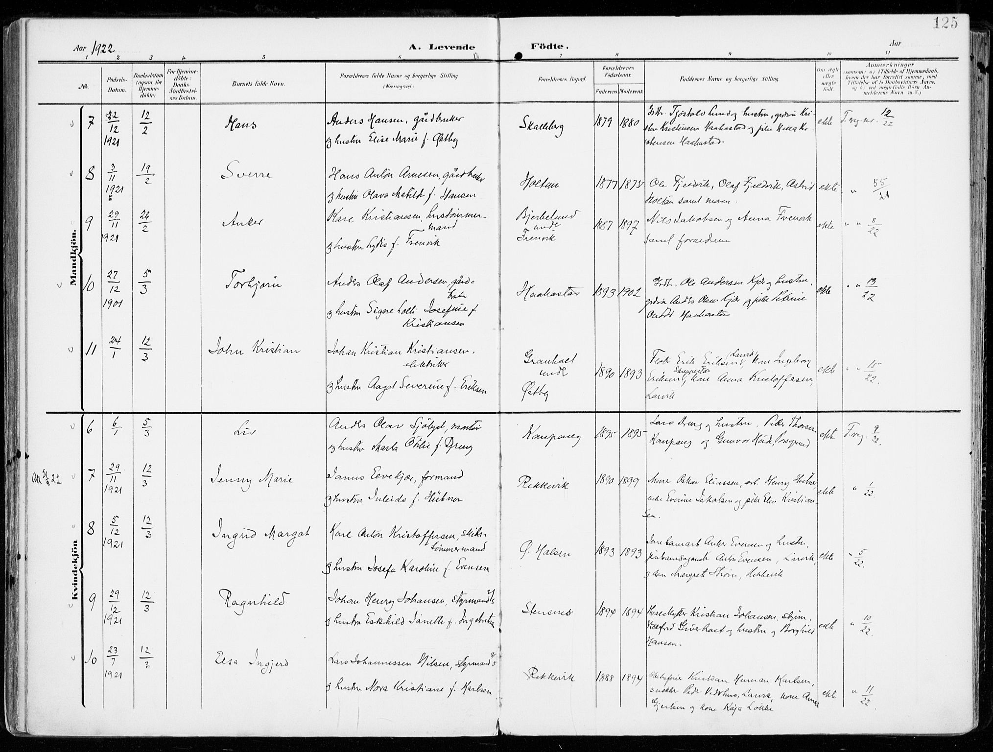 Tjølling kirkebøker, SAKO/A-60/F/Fa/L0010: Parish register (official) no. 10, 1906-1923, p. 125