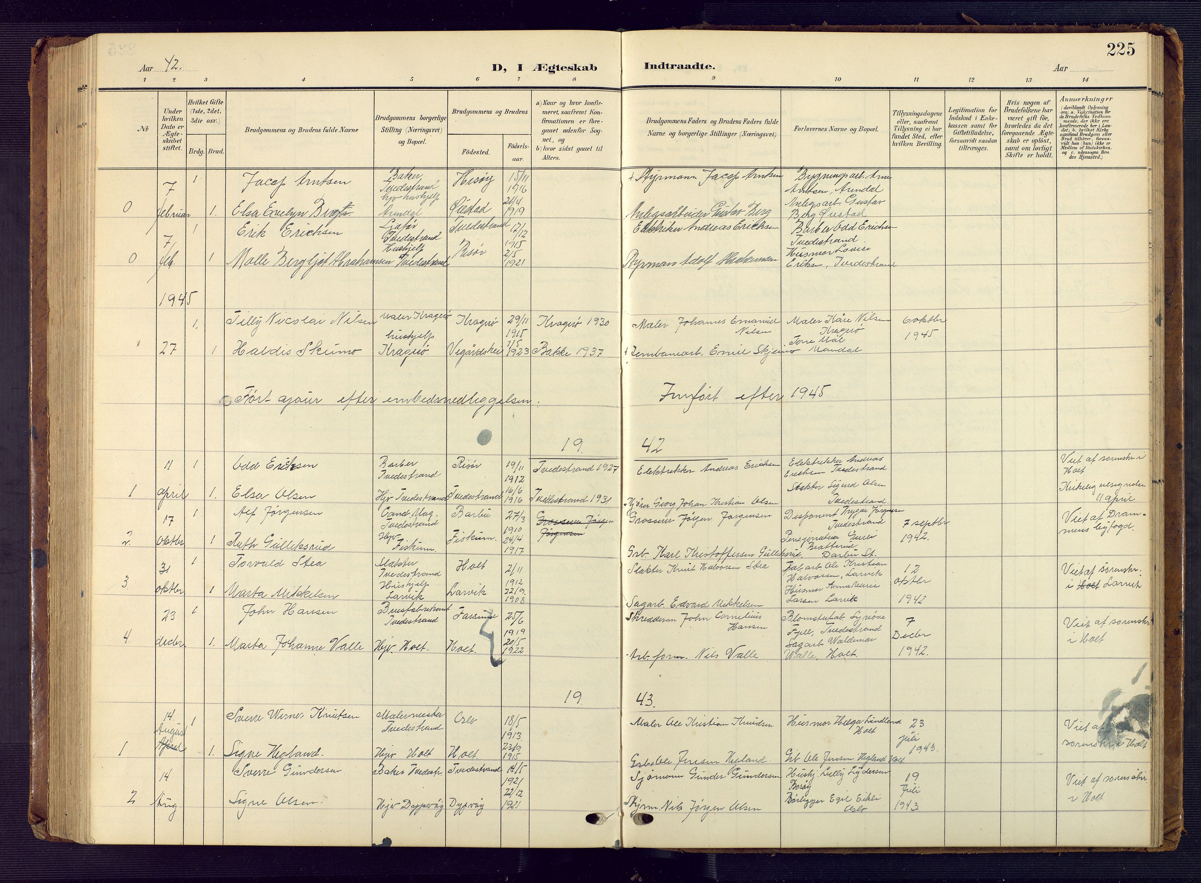 Tvedestrand sokneprestkontor, AV/SAK-1111-0042/F/Fb/L0001: Parish register (copy) no. B 1, 1902-1956, p. 225