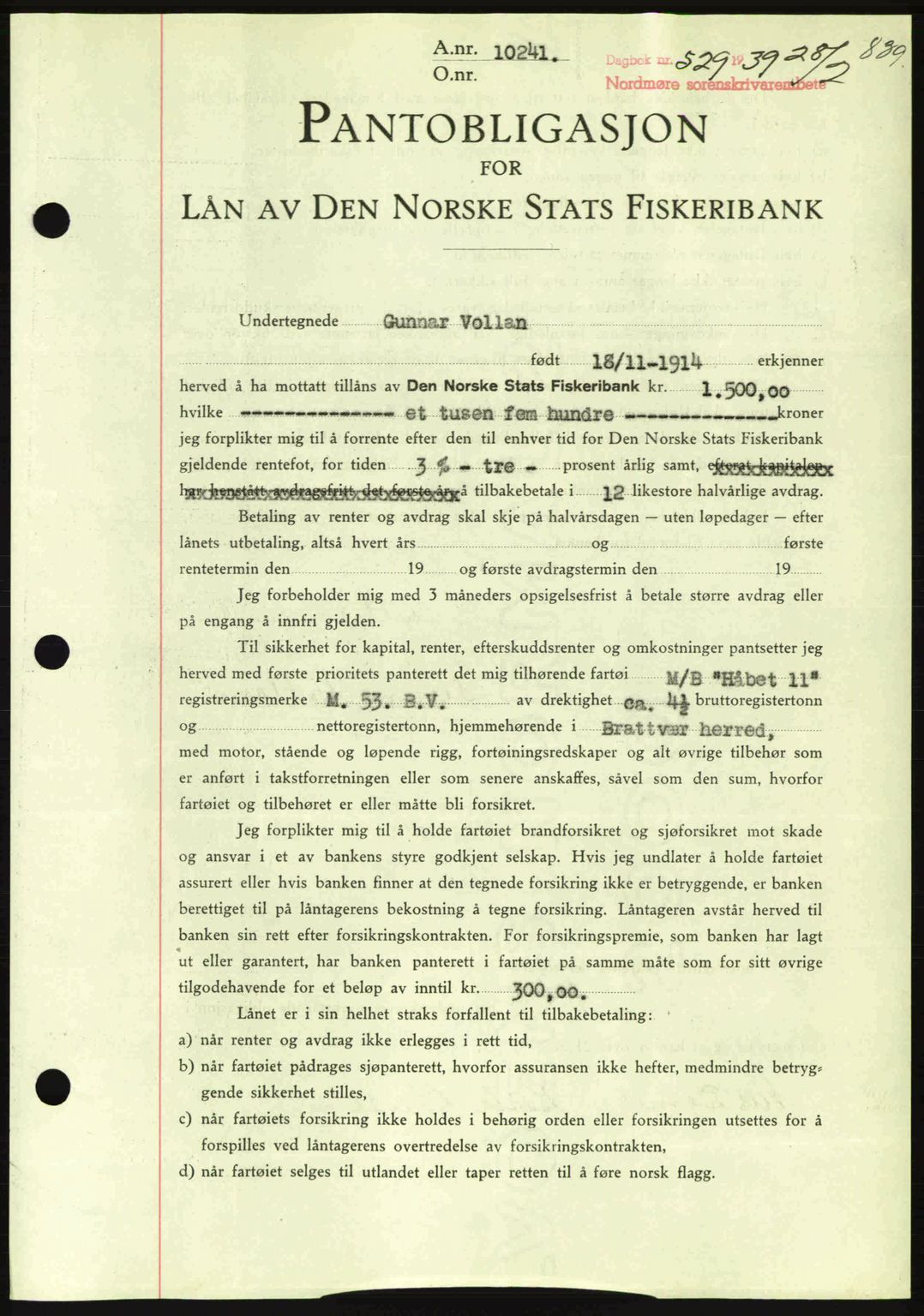 Nordmøre sorenskriveri, SAT/A-4132/1/2/2Ca: Mortgage book no. B84, 1938-1939, Diary no: : 529/1939