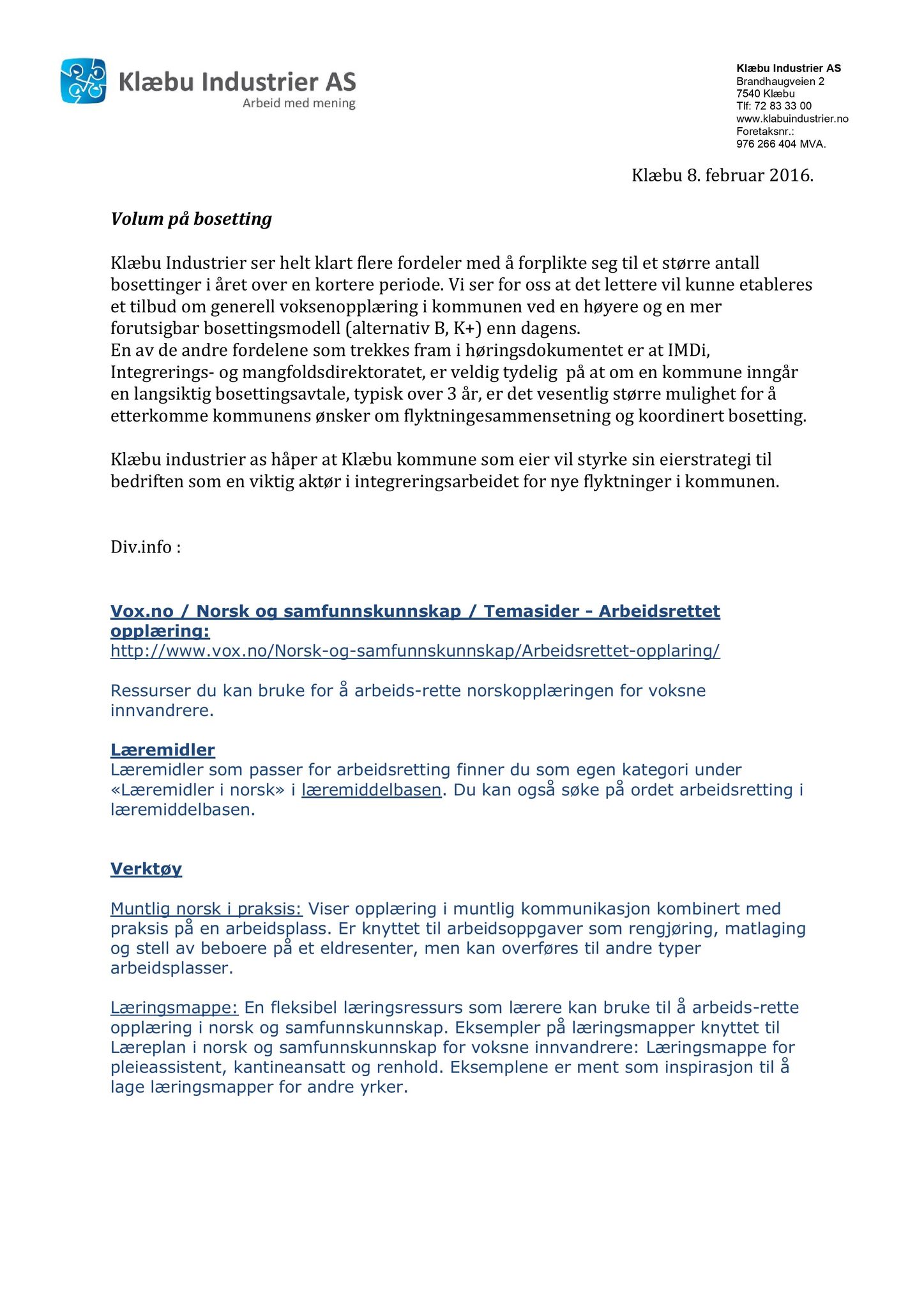 Klæbu Kommune, TRKO/KK/04-UO/L007: Utvalg for oppvekst - Møtedokumenter, 2016