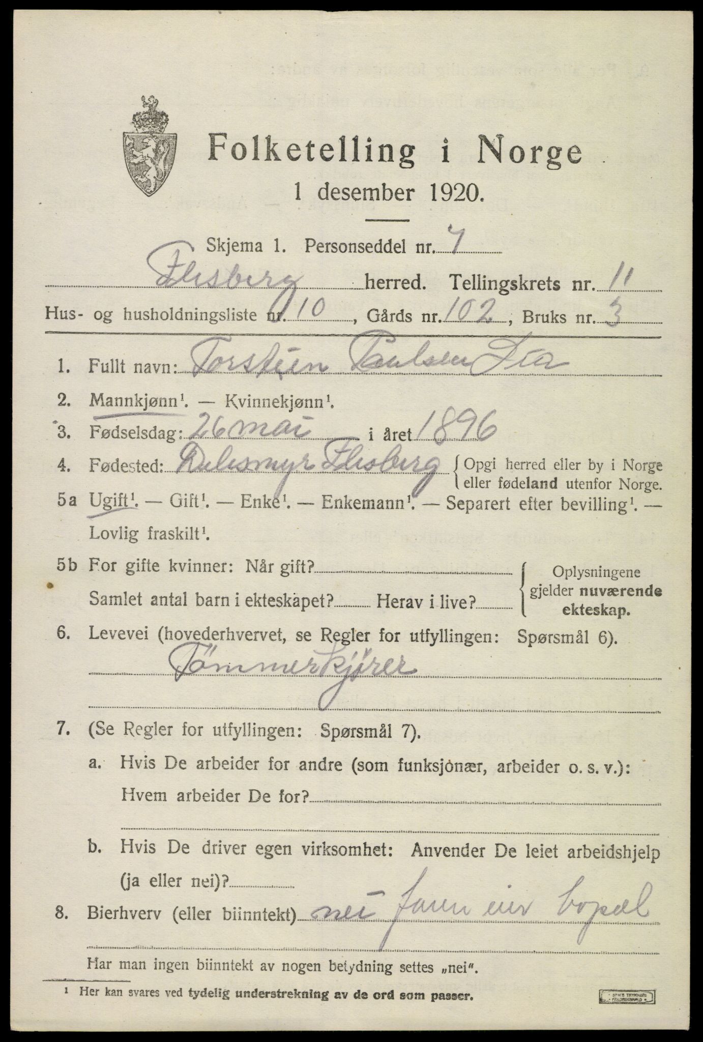 SAKO, 1920 census for Flesberg, 1920, p. 3839