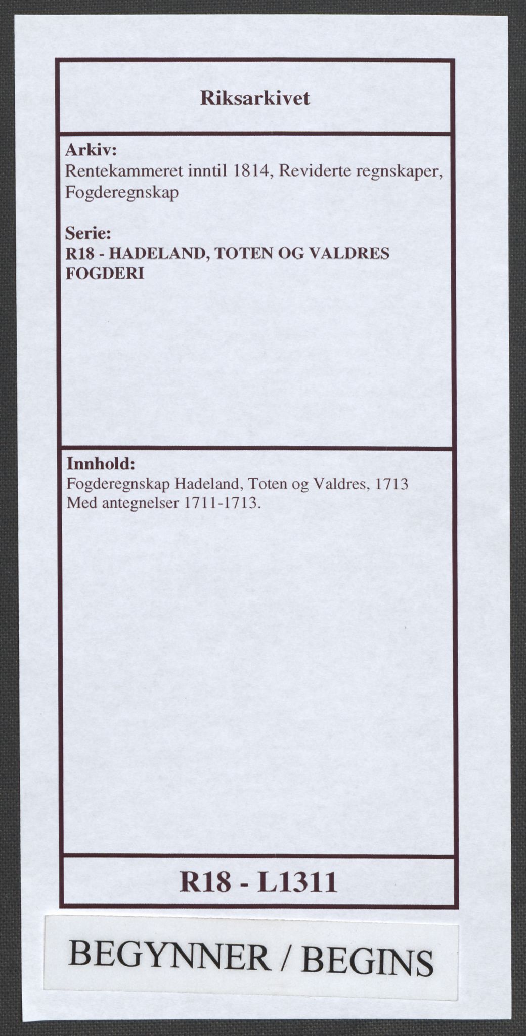 Rentekammeret inntil 1814, Reviderte regnskaper, Fogderegnskap, AV/RA-EA-4092/R18/L1311: Fogderegnskap Hadeland, Toten og Valdres, 1713, p. 1