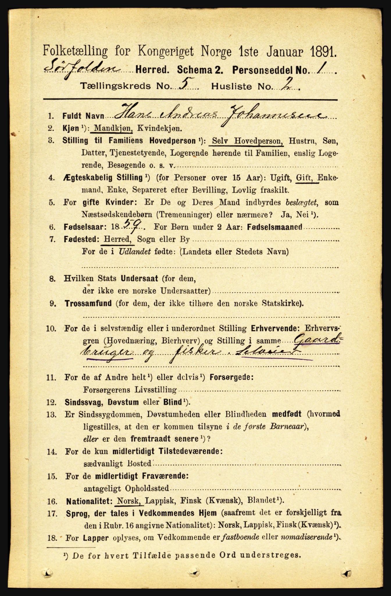 RA, 1891 census for 1845 Sørfold, 1891, p. 1370