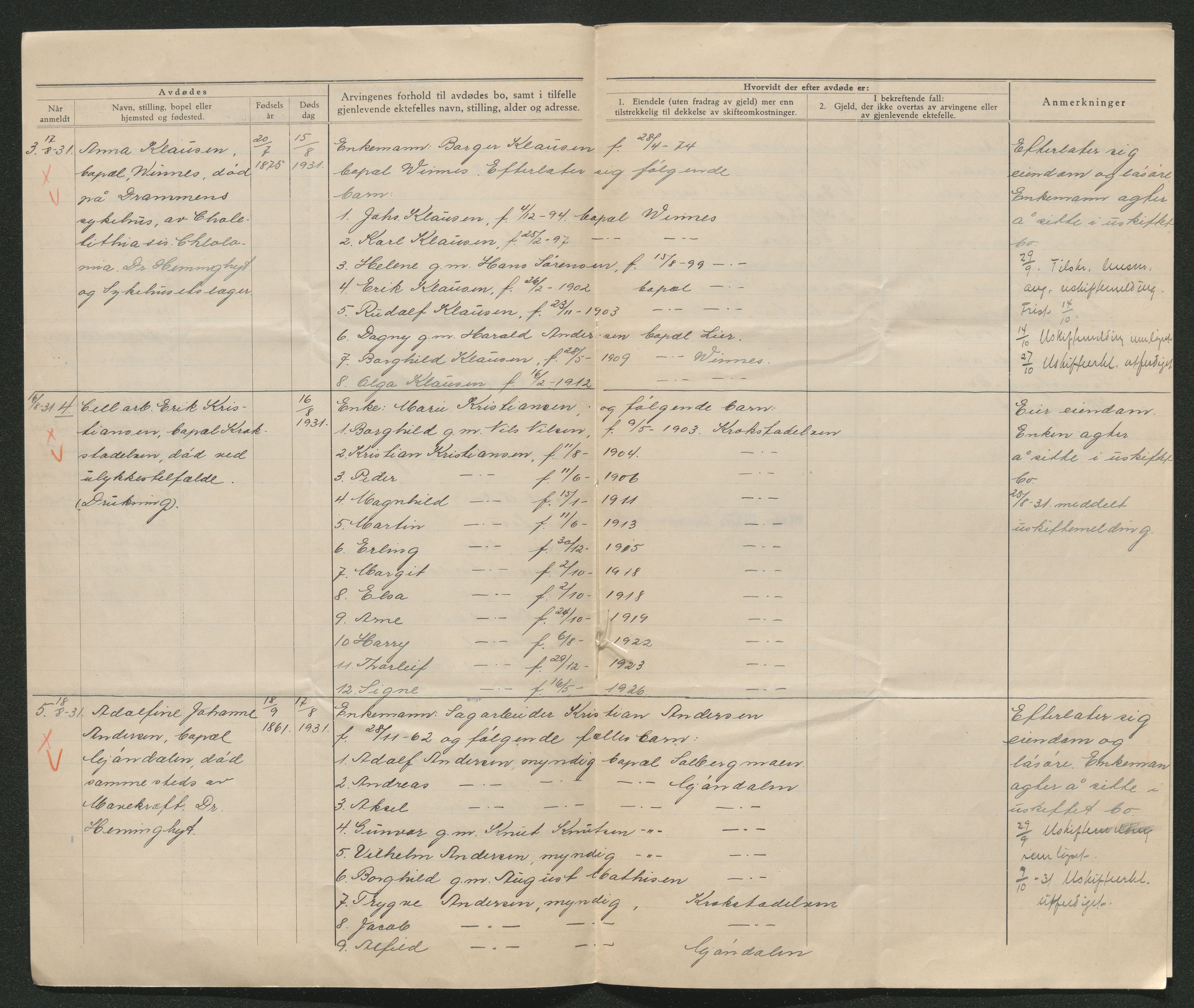 Eiker, Modum og Sigdal sorenskriveri, AV/SAKO-A-123/H/Ha/Hab/L0046: Dødsfallsmeldinger, 1930-1931, p. 1029