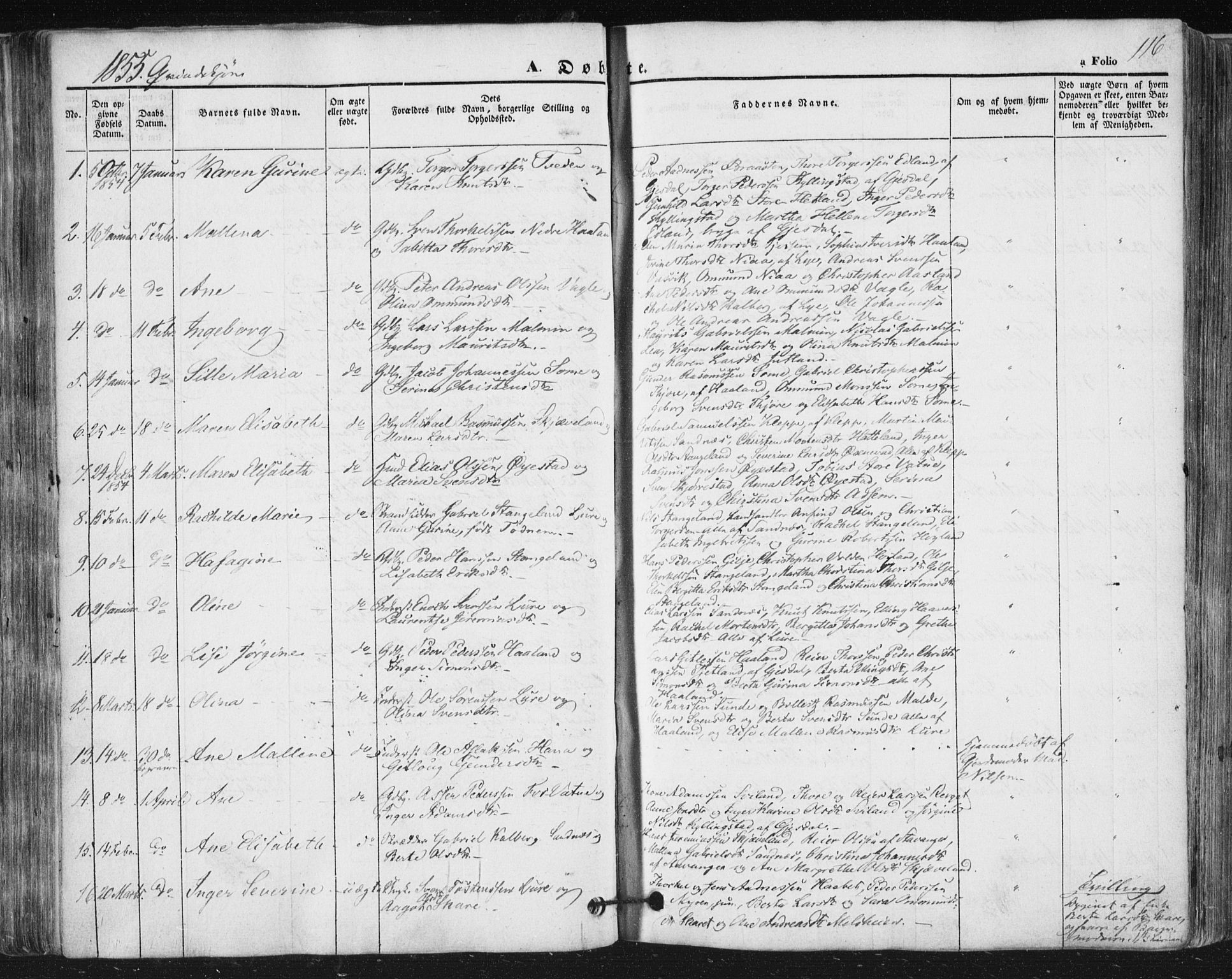 Høyland sokneprestkontor, SAST/A-101799/001/30BA/L0008: Parish register (official) no. A 8, 1841-1856, p. 116