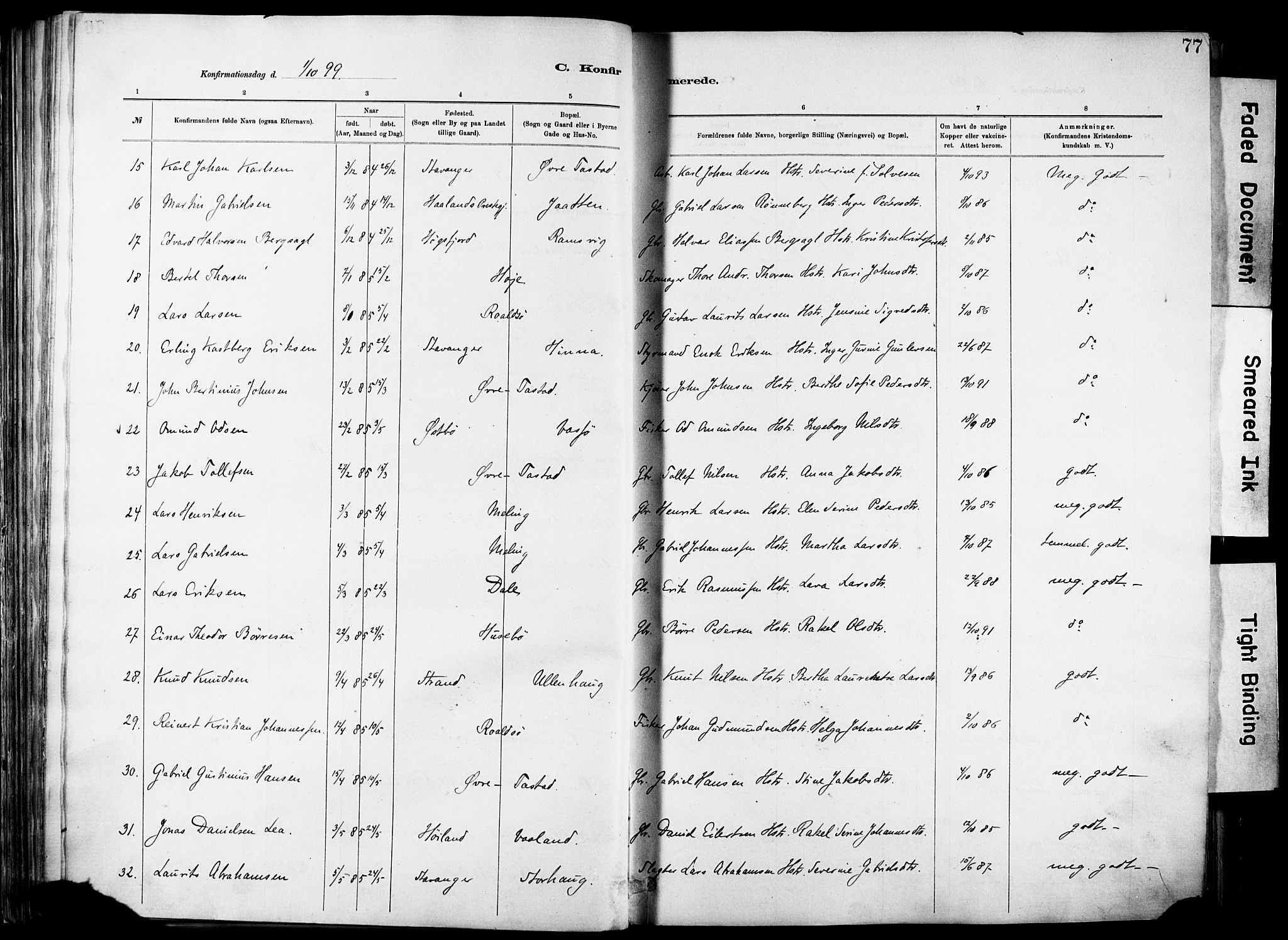 Hetland sokneprestkontor, SAST/A-101826/30/30BA/L0012: Parish register (official) no. A 12, 1882-1912, p. 77