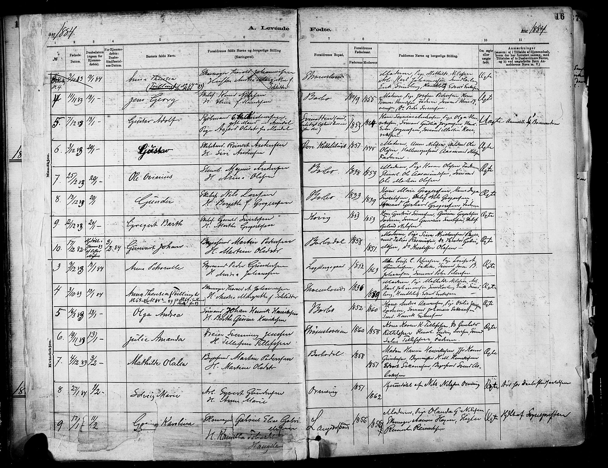 Barbu sokneprestkontor, AV/SAK-1111-0003/F/Fa/L0002: Parish register (official) no. A 2, 1883-1898, p. 16