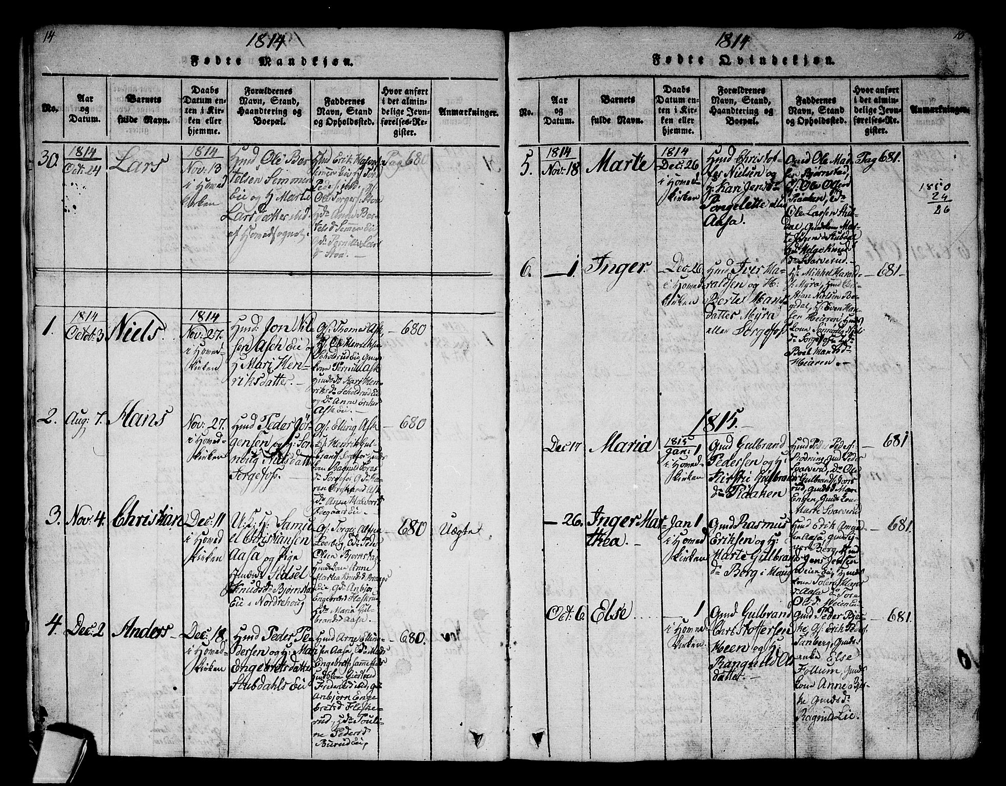 Norderhov kirkebøker, AV/SAKO-A-237/G/Ga/L0002: Parish register (copy) no. I 2, 1814-1867, p. 14-15