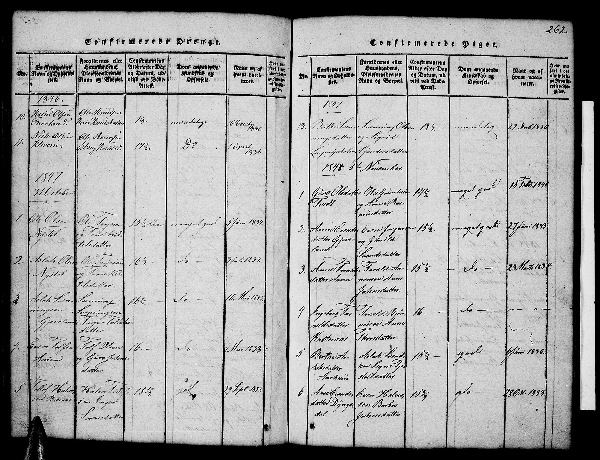 Åmli sokneprestkontor, AV/SAK-1111-0050/F/Fb/Fbc/L0001: Parish register (copy) no. B 1, 1816-1867, p. 262