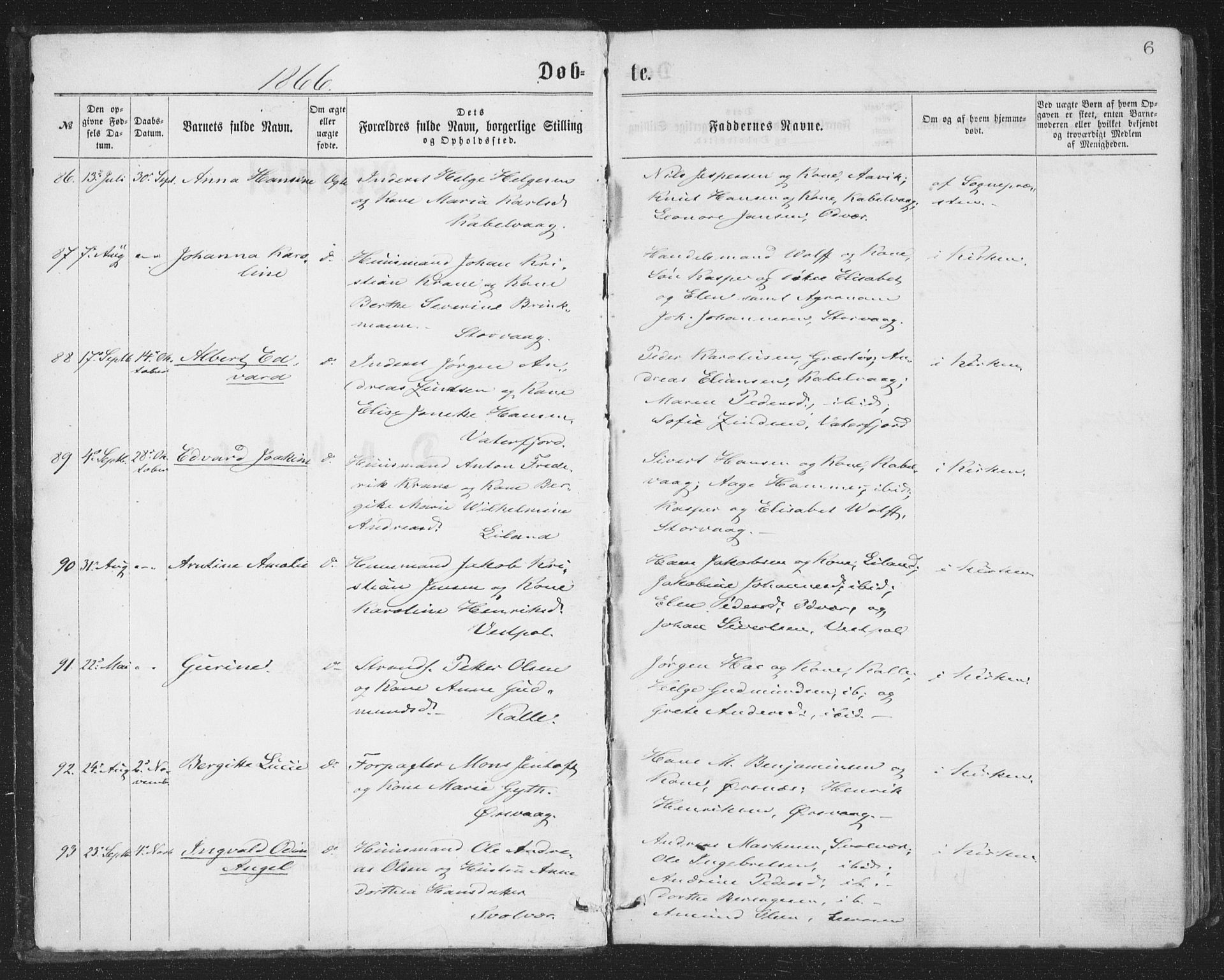 Ministerialprotokoller, klokkerbøker og fødselsregistre - Nordland, AV/SAT-A-1459/874/L1057: Parish register (official) no. 874A01, 1866-1877, p. 6