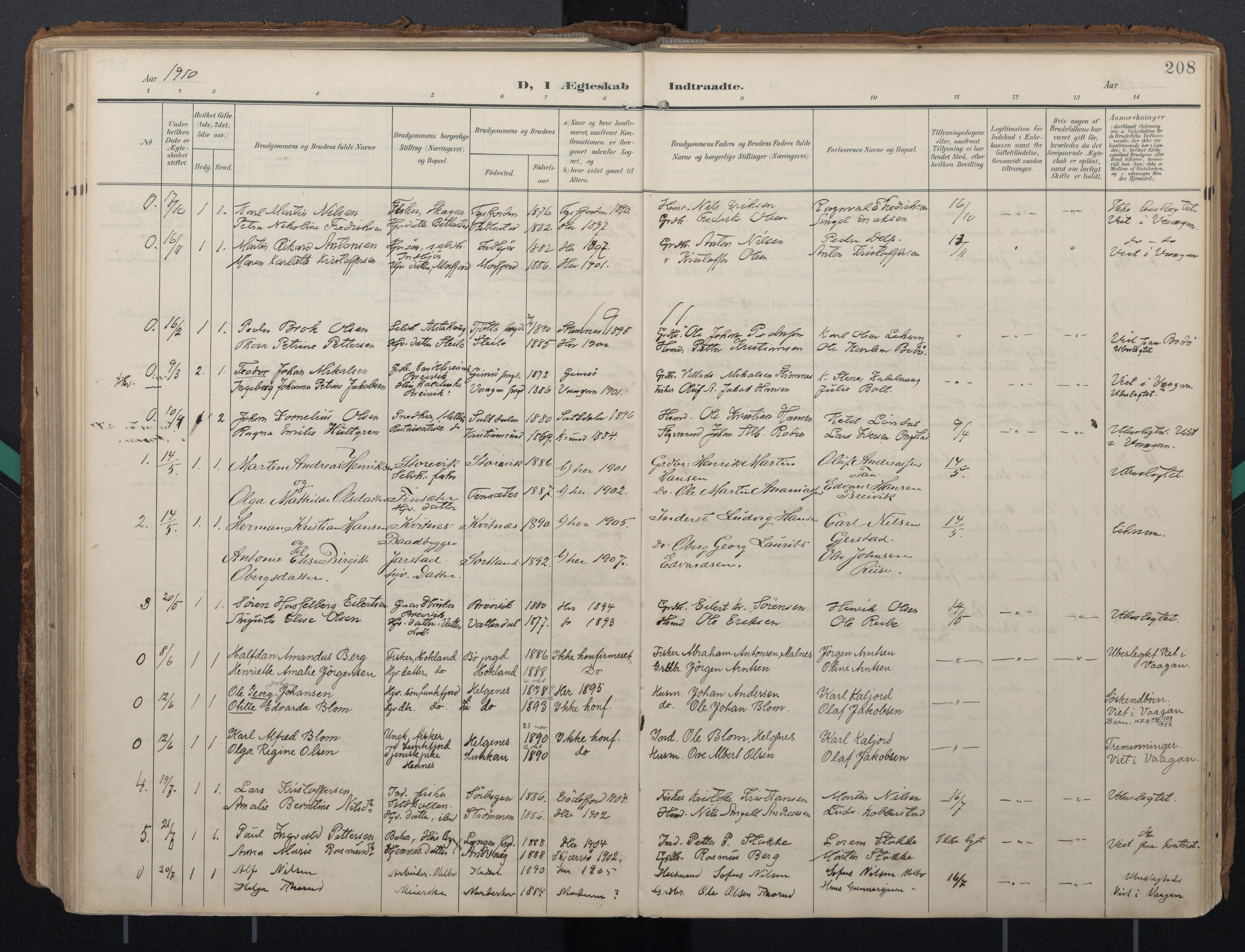 Ministerialprotokoller, klokkerbøker og fødselsregistre - Nordland, AV/SAT-A-1459/888/L1248: Parish register (official) no. 888A14, 1904-1913, p. 208