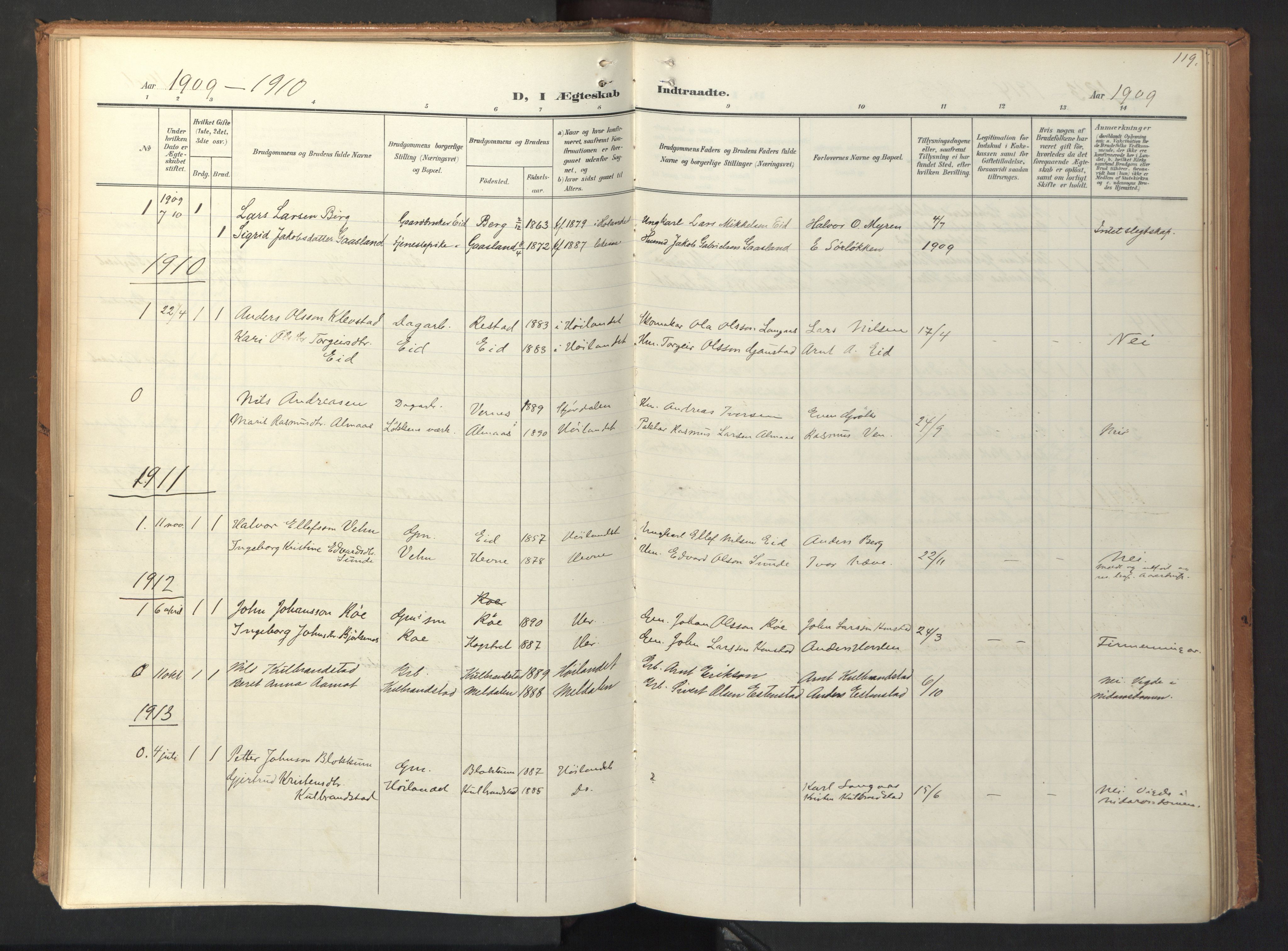Ministerialprotokoller, klokkerbøker og fødselsregistre - Sør-Trøndelag, SAT/A-1456/694/L1128: Parish register (official) no. 694A02, 1906-1931, p. 119