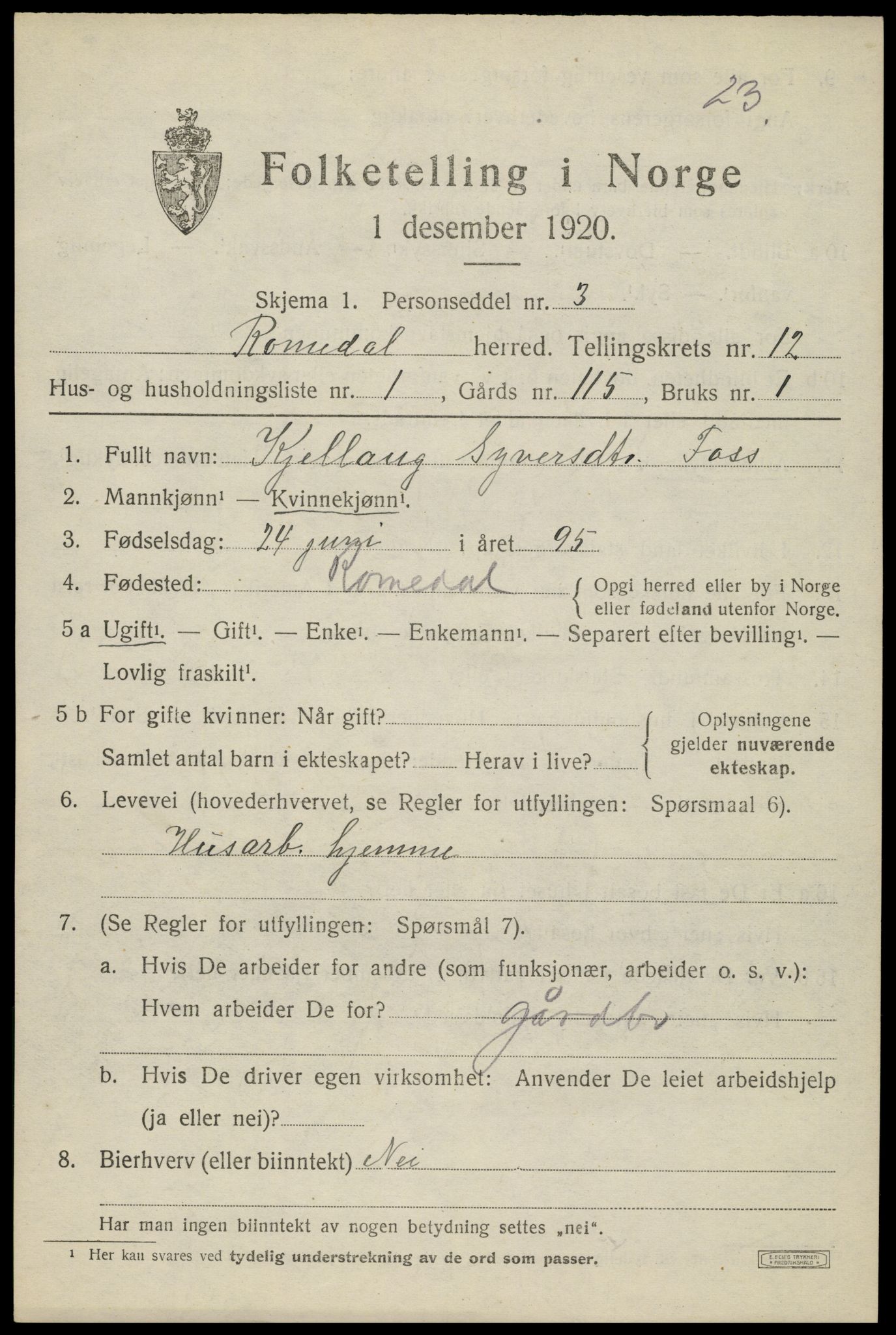 SAH, 1920 census for Romedal, 1920, p. 12599