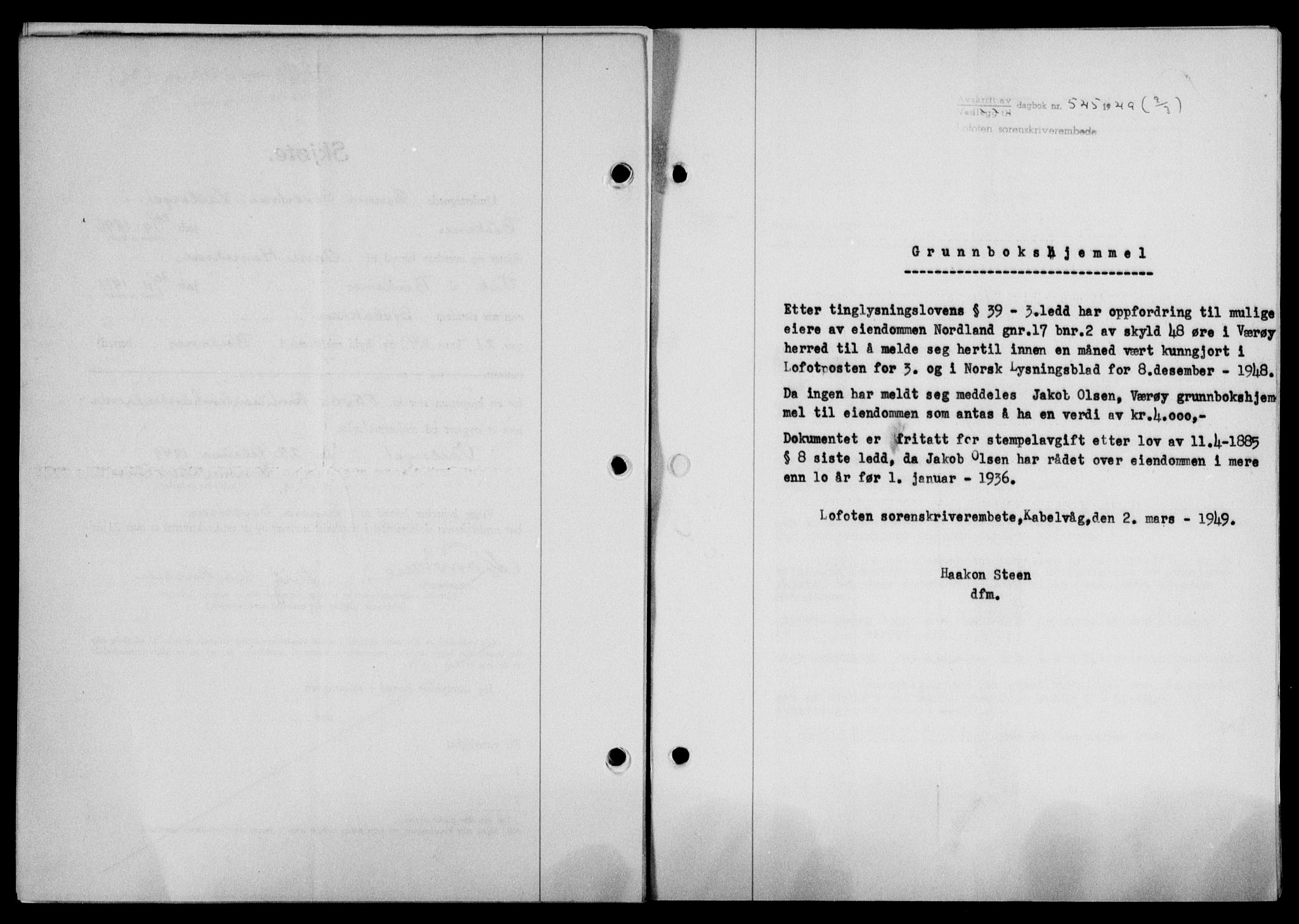 Lofoten sorenskriveri, SAT/A-0017/1/2/2C/L0020a: Mortgage book no. 20a, 1948-1949, Diary no: : 545/1949
