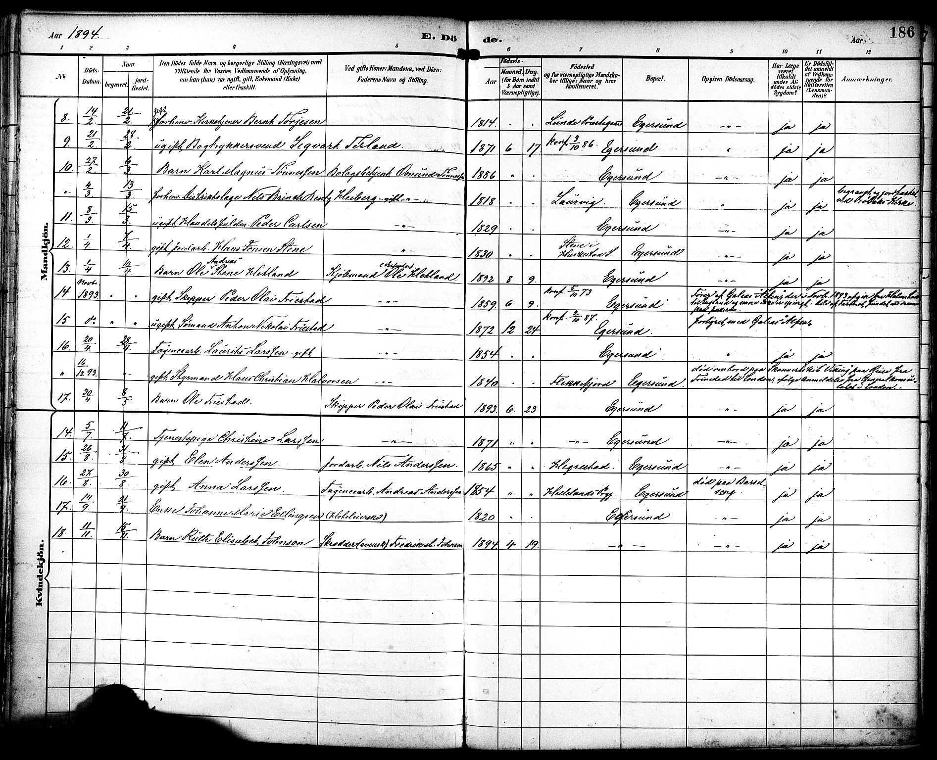 Eigersund sokneprestkontor, AV/SAST-A-101807/S08/L0019: Parish register (official) no. A 18, 1892-1905, p. 186