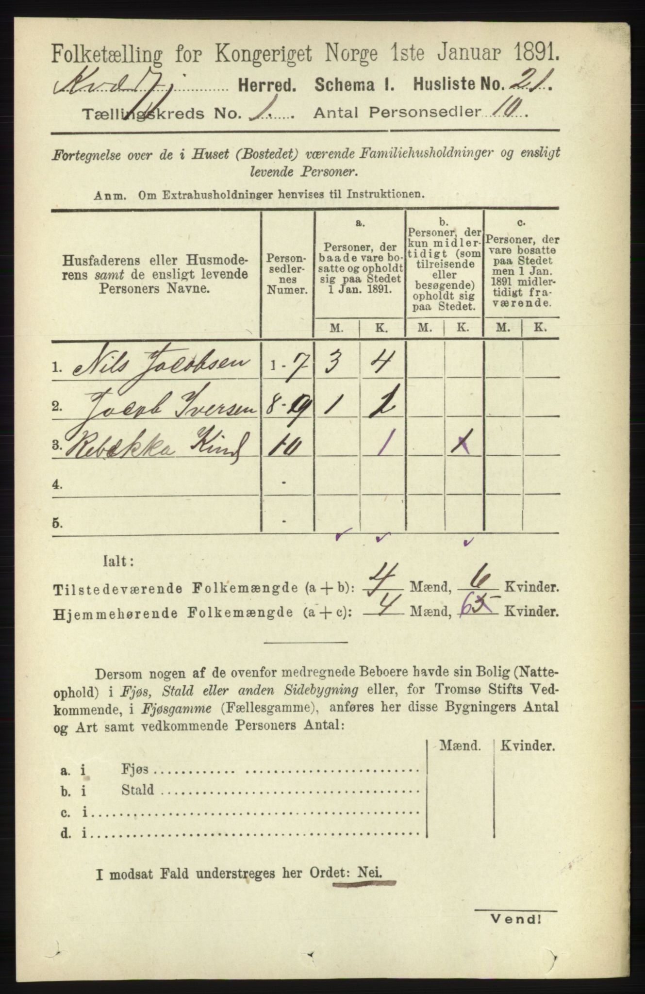 RA, 1891 census for 1911 Kvæfjord, 1891, p. 41