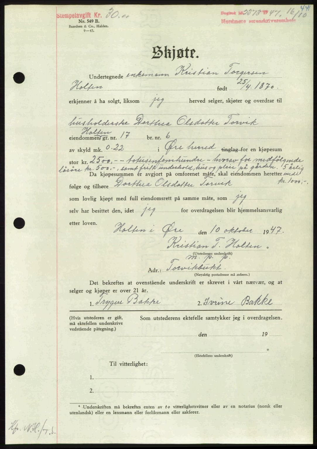 Nordmøre sorenskriveri, AV/SAT-A-4132/1/2/2Ca: Mortgage book no. A106, 1947-1947, Diary no: : 2373/1947