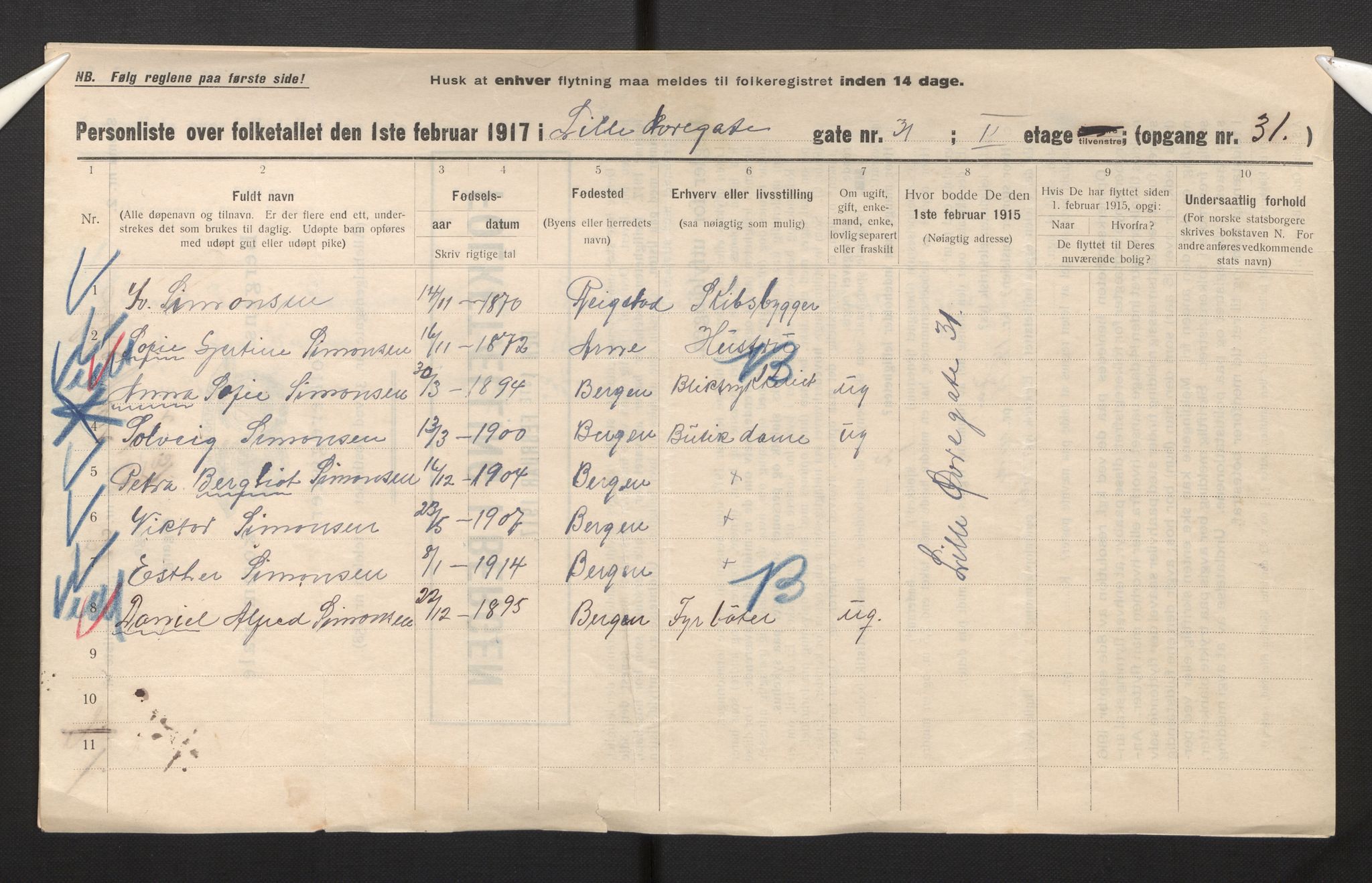 SAB, Municipal Census 1917 for Bergen, 1917, p. 46157