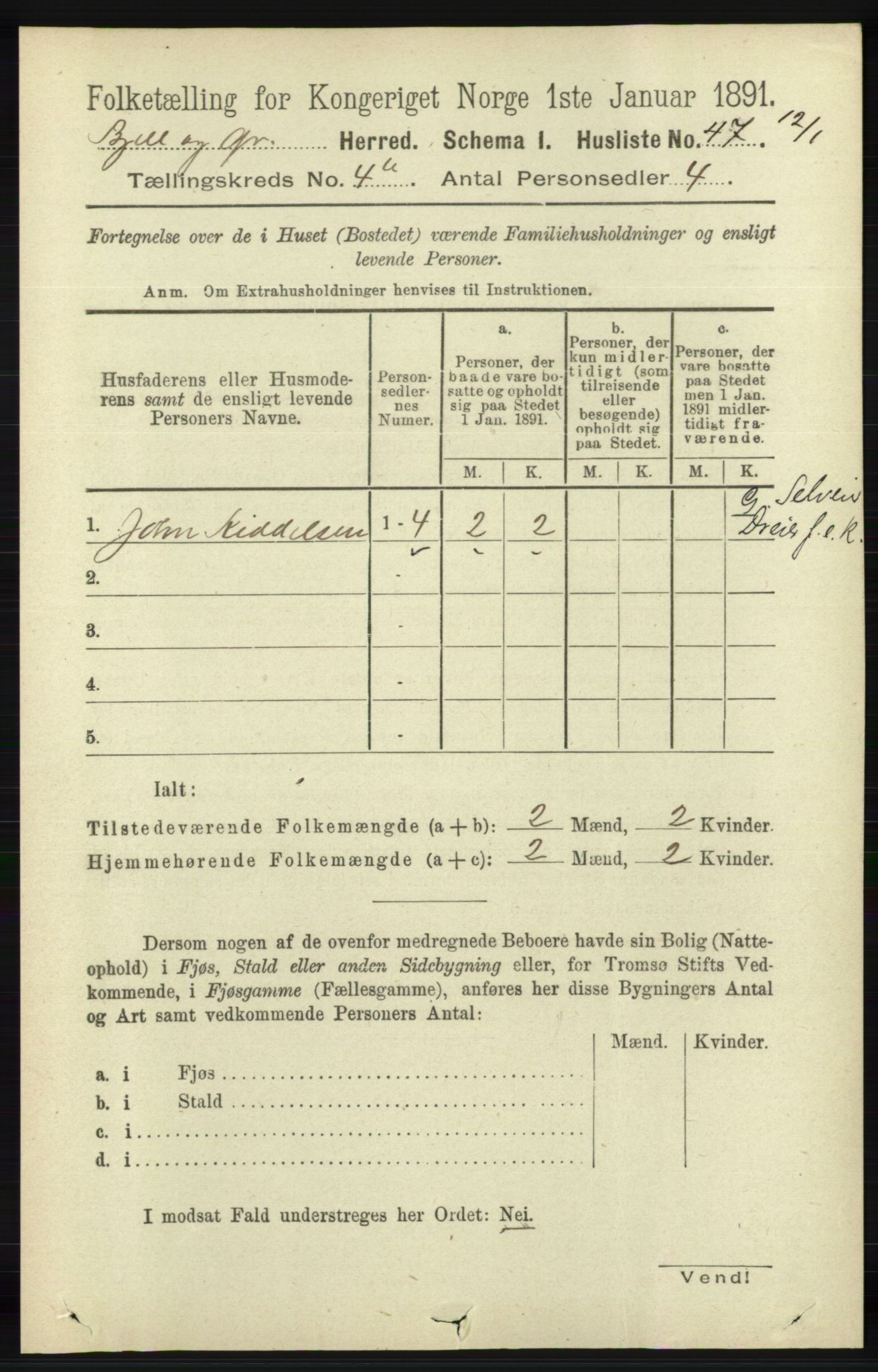 RA, 1891 census for 1024 Bjelland og Grindheim, 1891, p. 2075