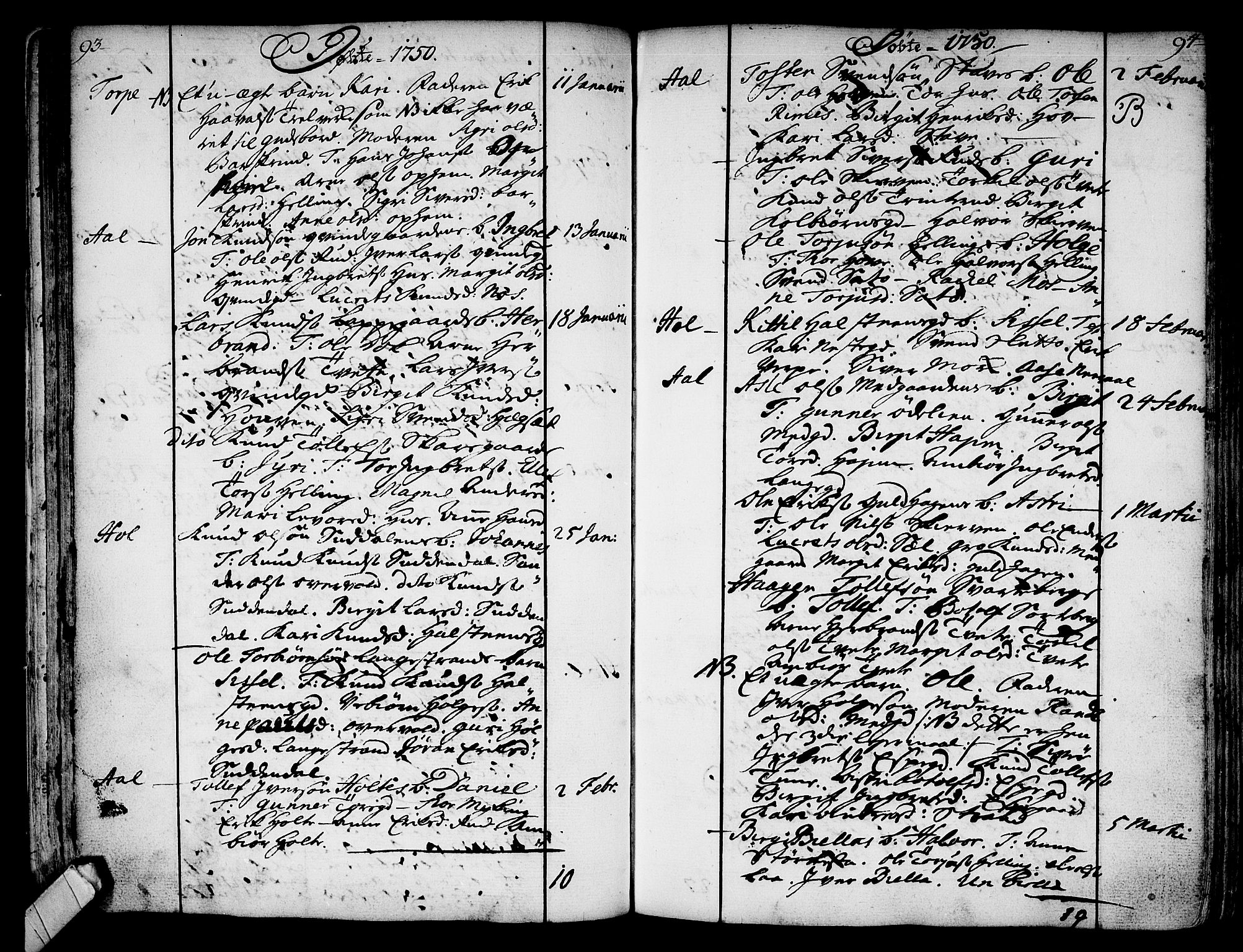 Ål kirkebøker, AV/SAKO-A-249/F/Fa/L0001: Parish register (official) no. I 1, 1744-1769, p. 93-94