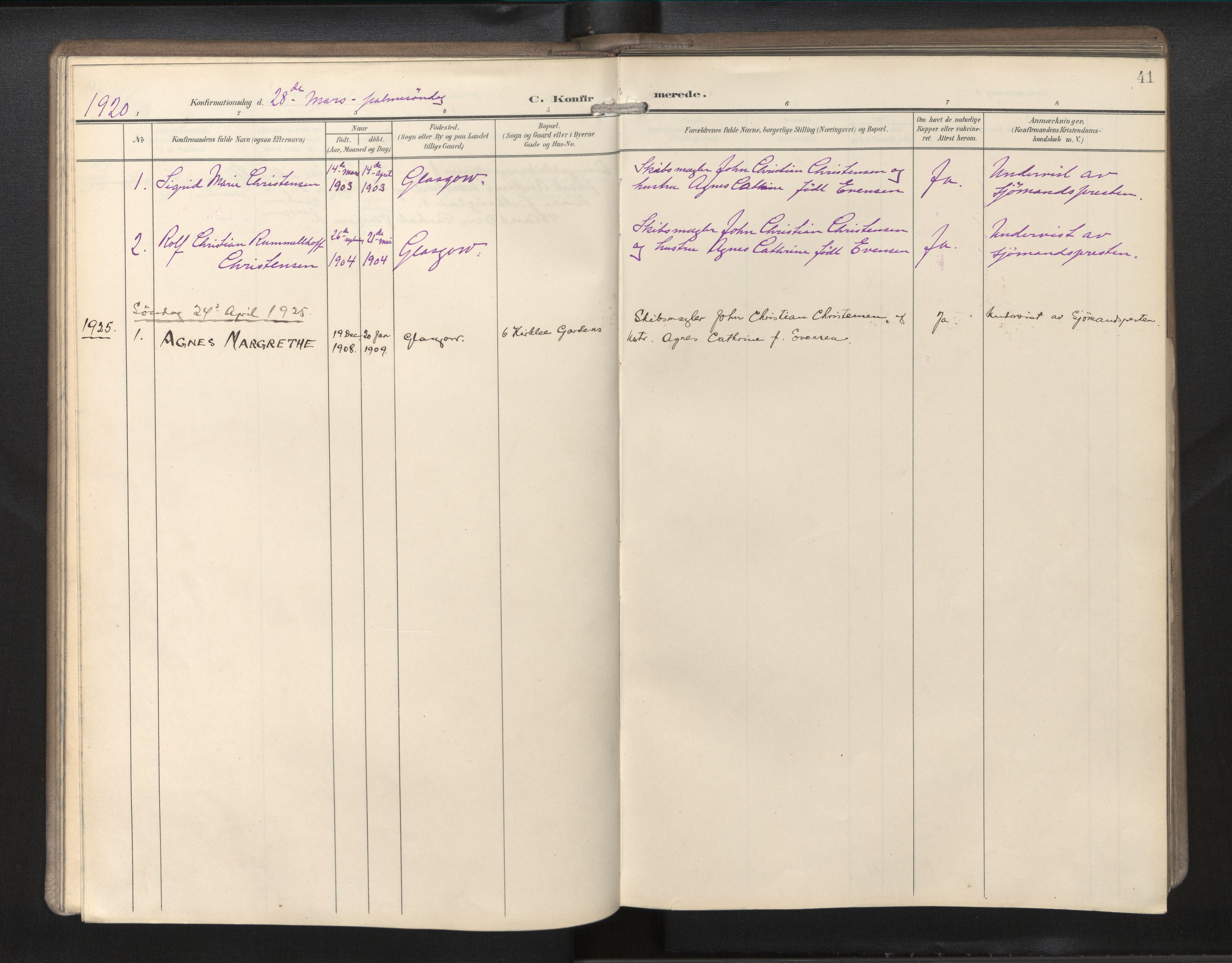 Den norske sjømannsmisjon i utlandet/Skotske havner (Leith, Glasgow), SAB/SAB/PA-0100/H/Ha/Hab/L0001: Parish register (official) no. A 1, 1902-1931, p. 40b-41a