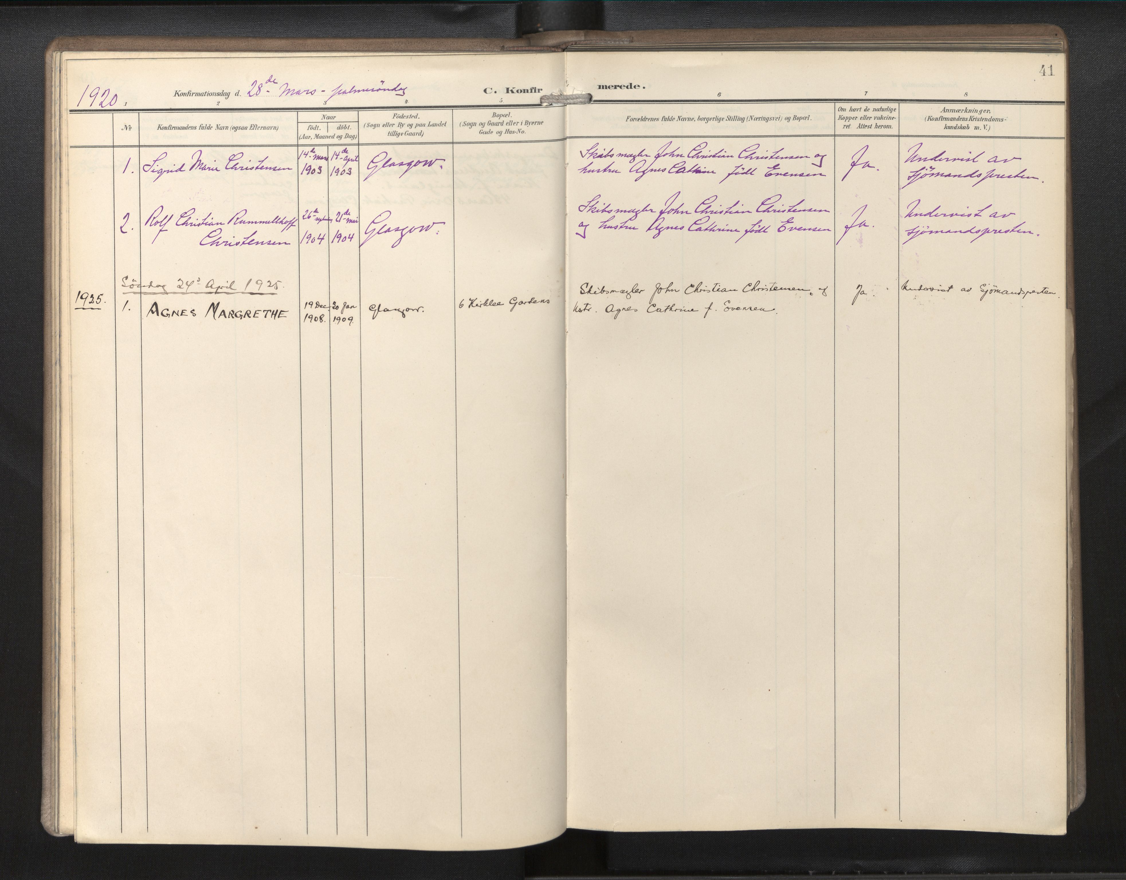 Den norske sjømannsmisjon i utlandet/Skotske havner (Leith, Glasgow), AV/SAB-SAB/PA-0100/H/Ha/Hab/L0001: Parish register (official) no. B 1, 1902-1931, p. 40b-41a