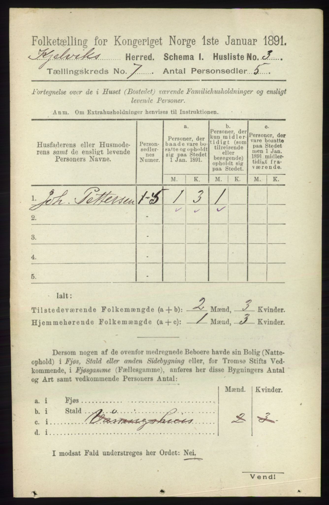 RA, 1891 census for 2019 Kjelvik, 1891, p. 848