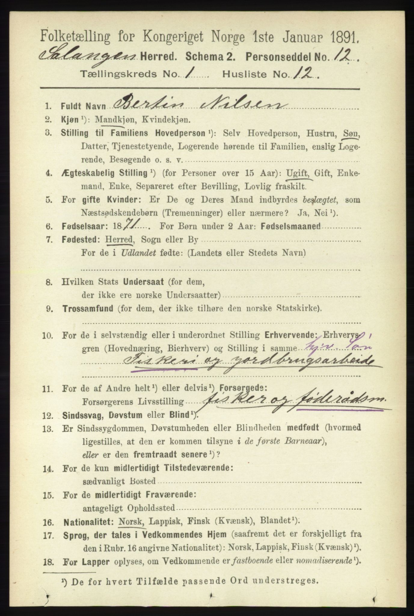 RA, 1891 census for 1921 Salangen, 1891, p. 157