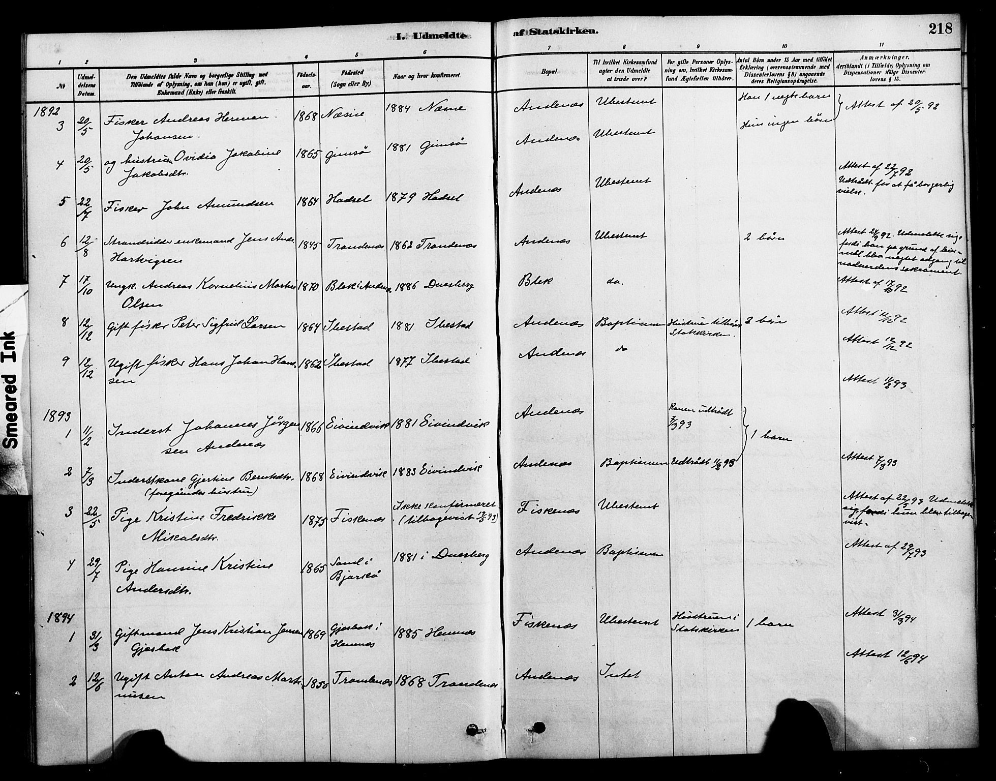 Ministerialprotokoller, klokkerbøker og fødselsregistre - Nordland, SAT/A-1459/899/L1436: Parish register (official) no. 899A04, 1881-1896, p. 218