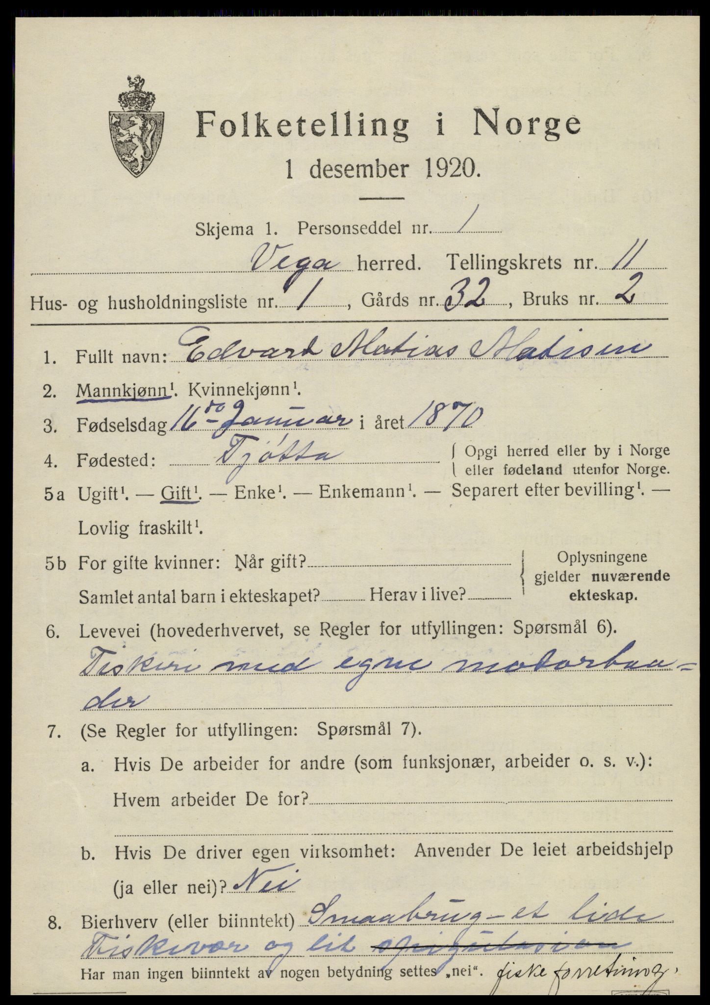 SAT, 1920 census for Vega, 1920, p. 5499