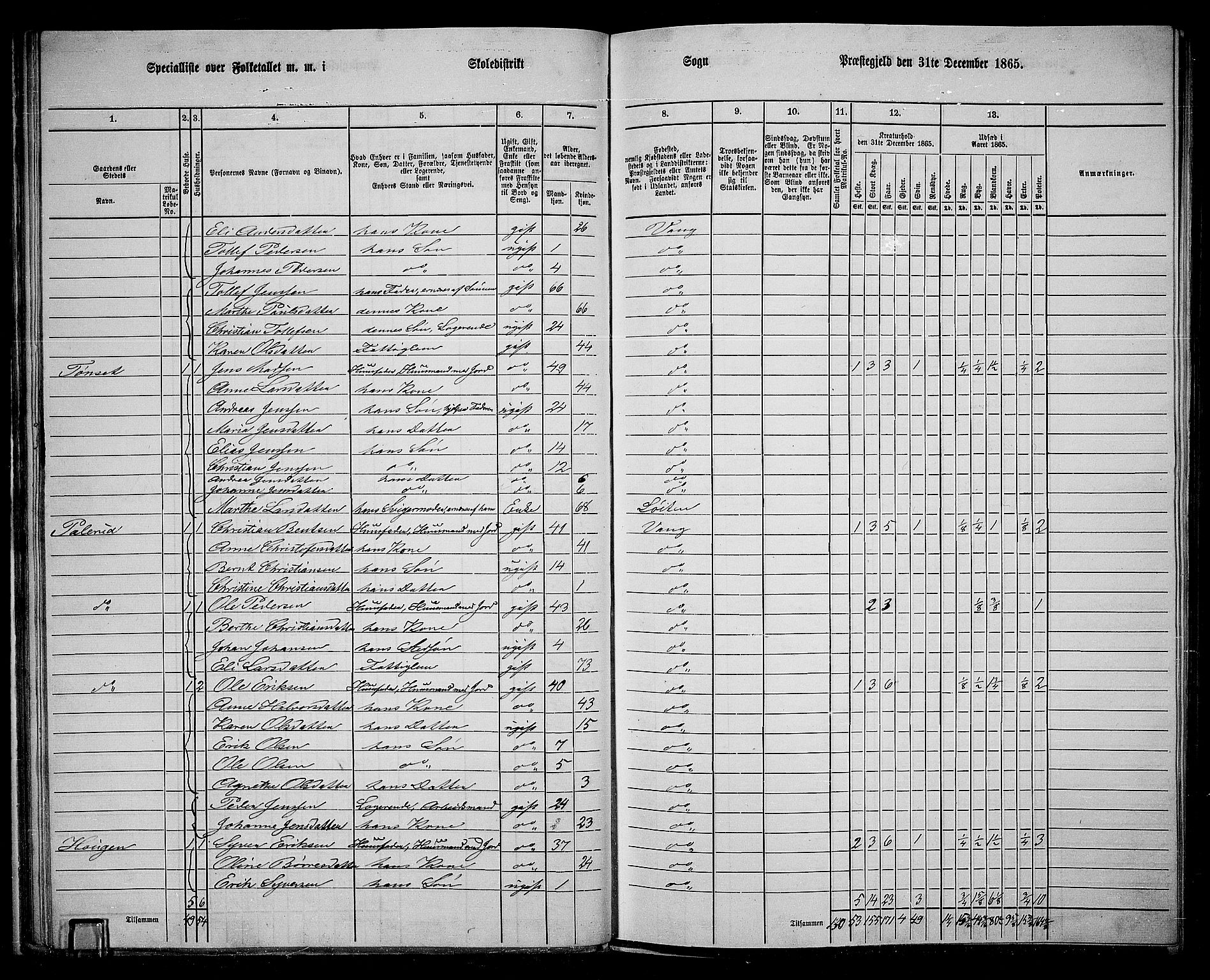 RA, 1865 census for Vang/Vang og Furnes, 1865, p. 185