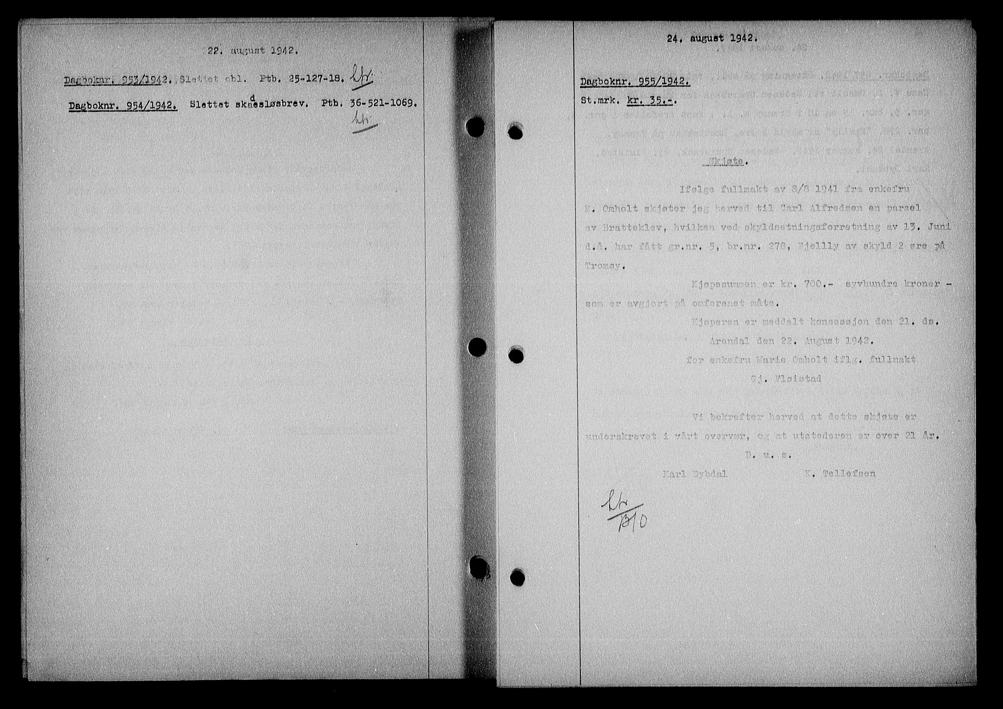Nedenes sorenskriveri, SAK/1221-0006/G/Gb/Gba/L0049: Mortgage book no. A-III, 1941-1942, Diary no: : 955/1942