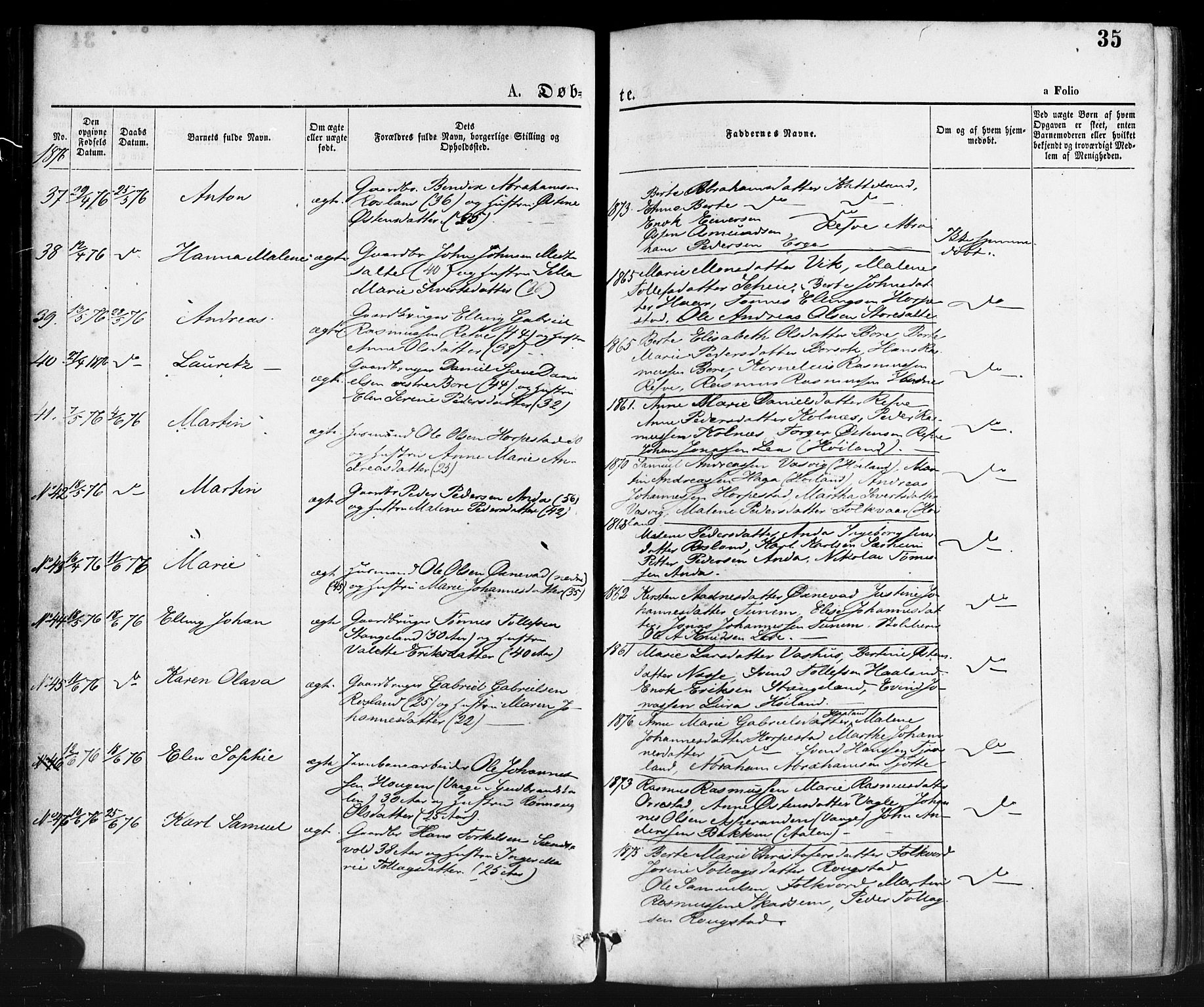 Klepp sokneprestkontor, AV/SAST-A-101803/001/3/30BA/L0006: Parish register (official) no. A 6, 1871-1885, p. 35