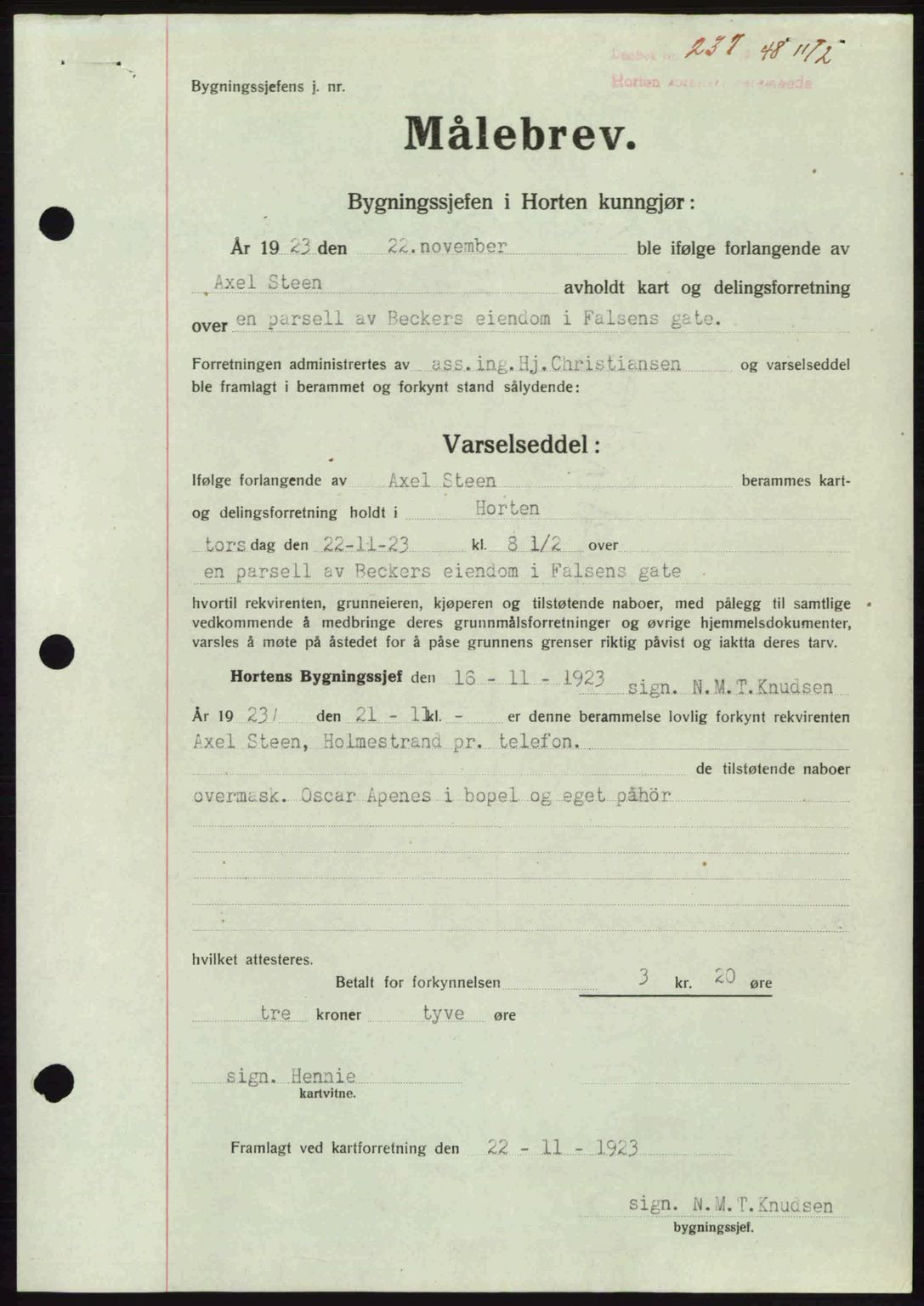 Horten sorenskriveri, AV/SAKO-A-133/G/Ga/Gaa/L0010: Mortgage book no. A-10, 1947-1948, Diary no: : 237/1948