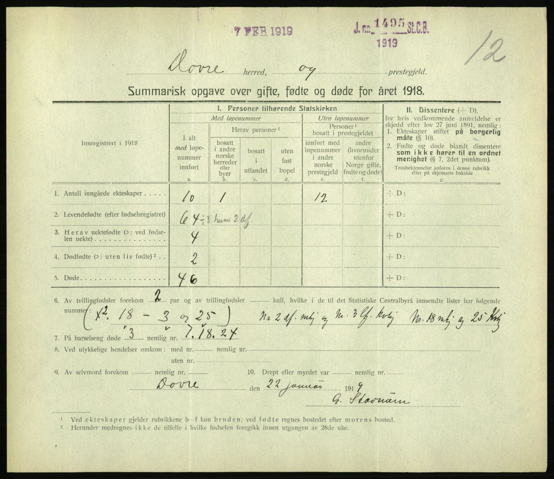 Statistisk sentralbyrå, Sosiodemografiske emner, Befolkning, RA/S-2228/D/Df/Dfb/Dfbh/L0059: Summariske oppgaver over gifte, fødte og døde for hele landet., 1918, p. 307