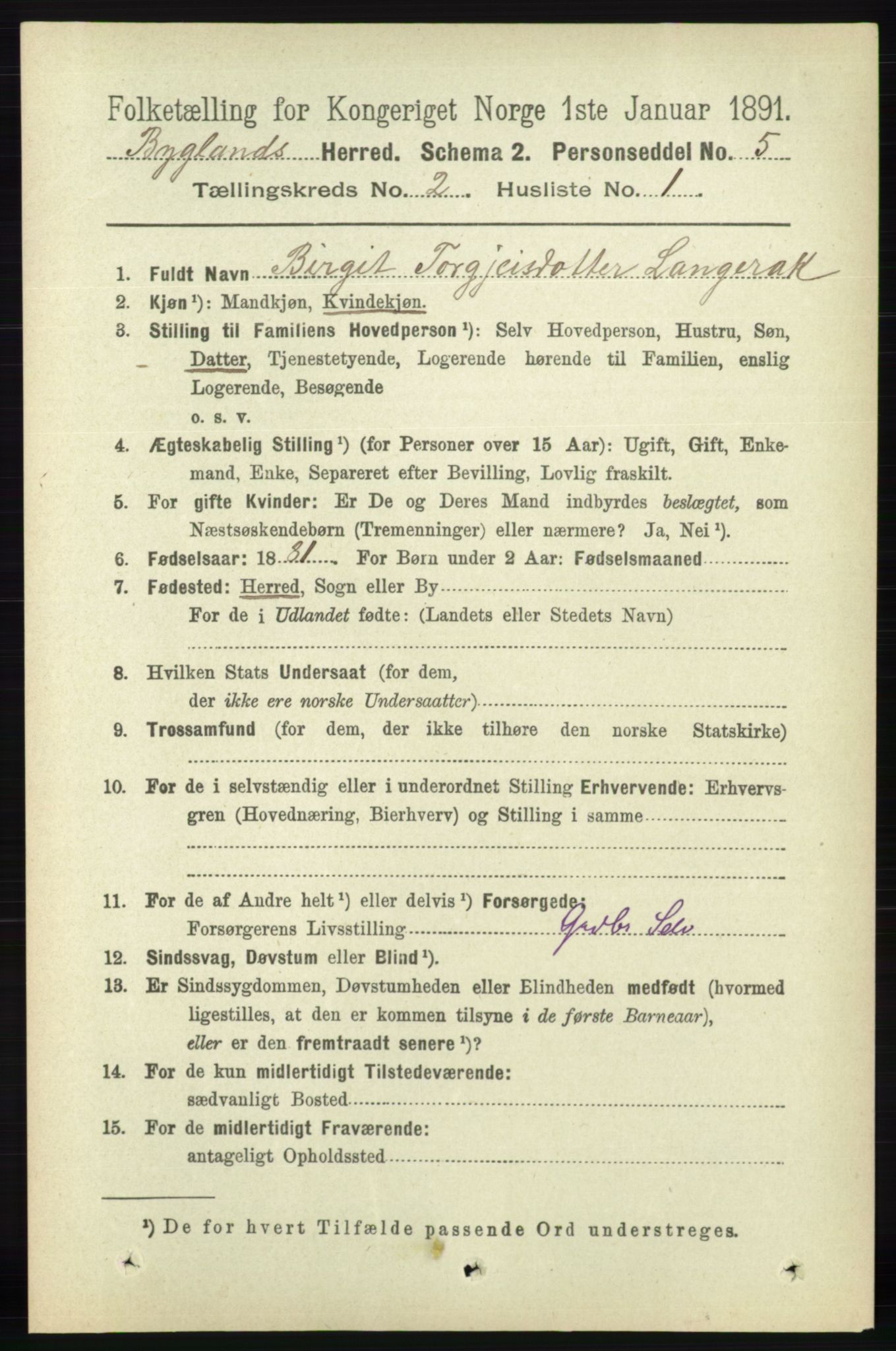 RA, 1891 census for 0938 Bygland, 1891, p. 259