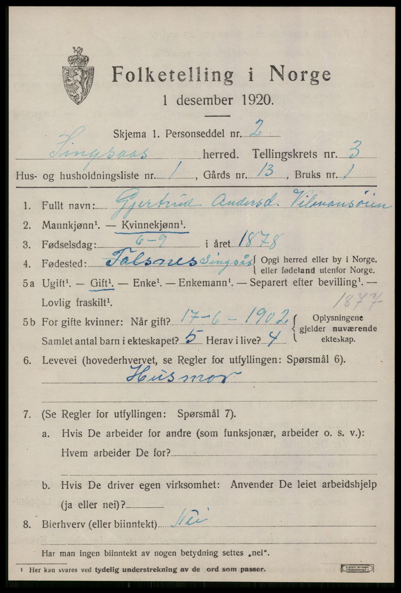 SAT, 1920 census for Singsås, 1920, p. 1419