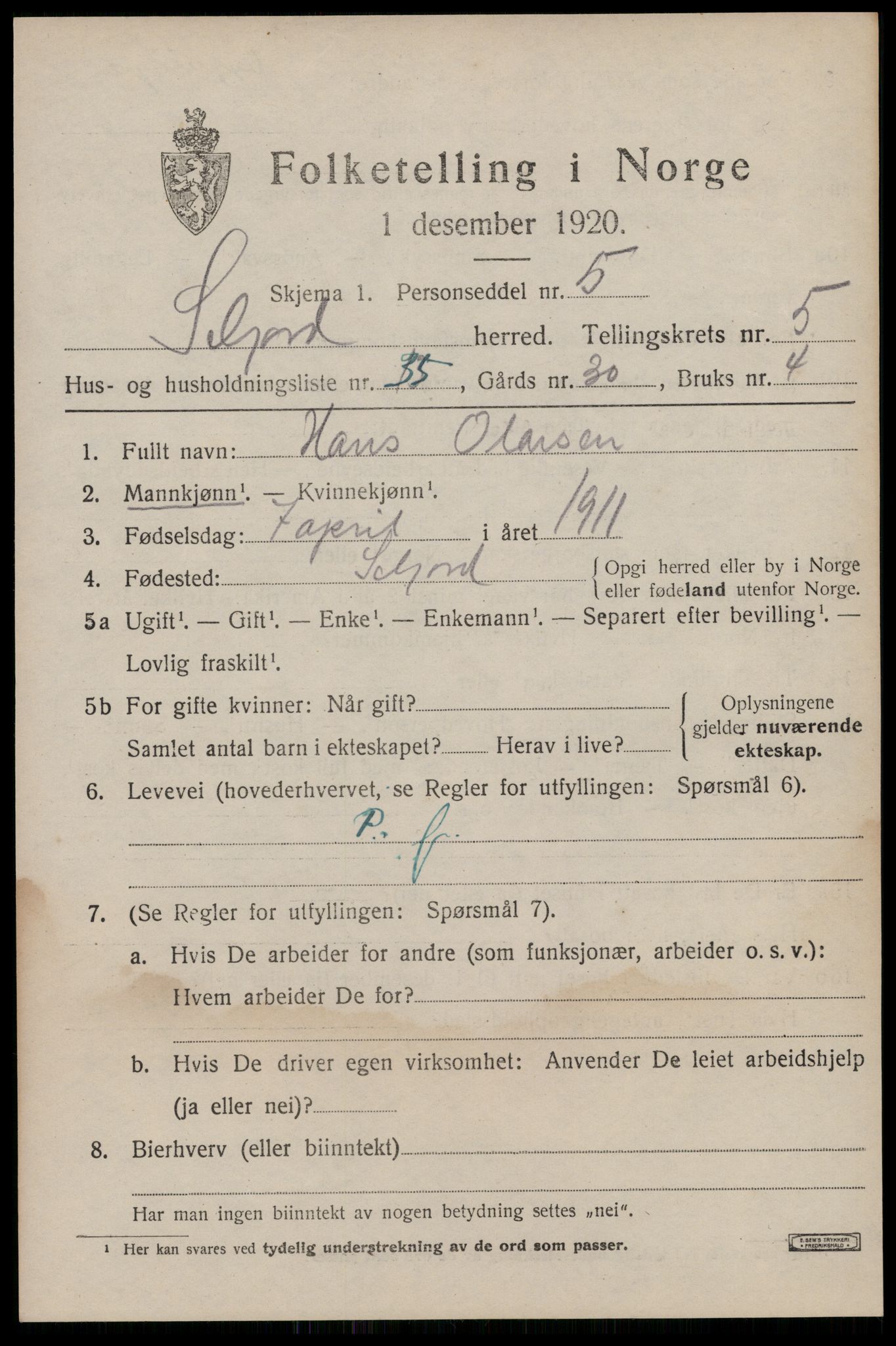 SAKO, 1920 census for Seljord, 1920, p. 2756