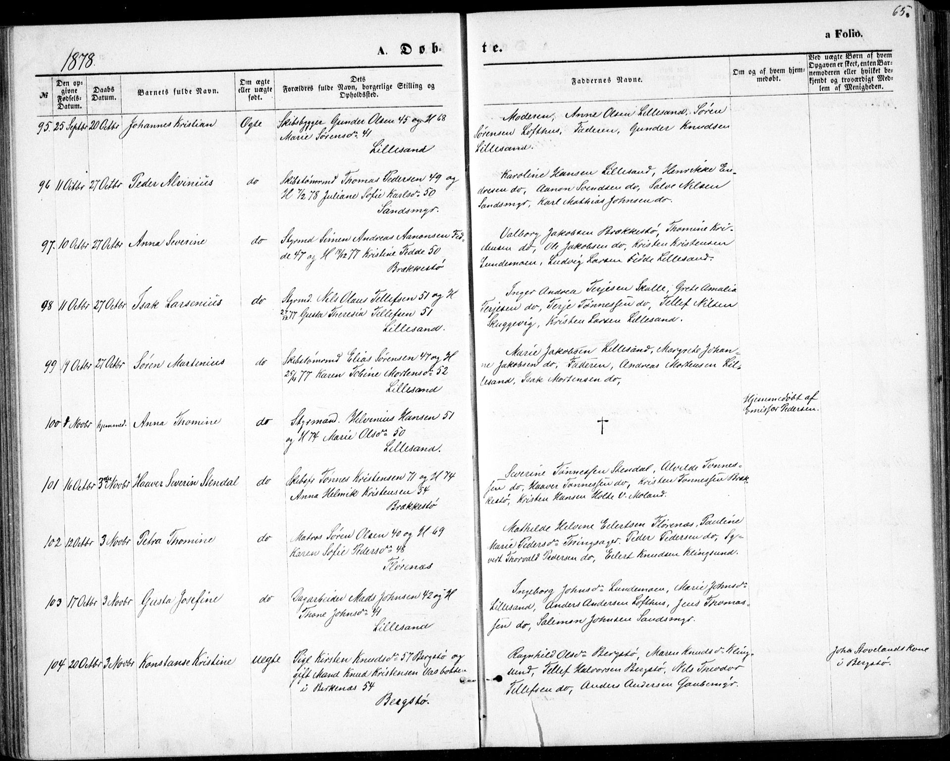 Vestre Moland sokneprestkontor, SAK/1111-0046/F/Fb/Fbb/L0005: Parish register (copy) no. B 5, 1872-1883, p. 65