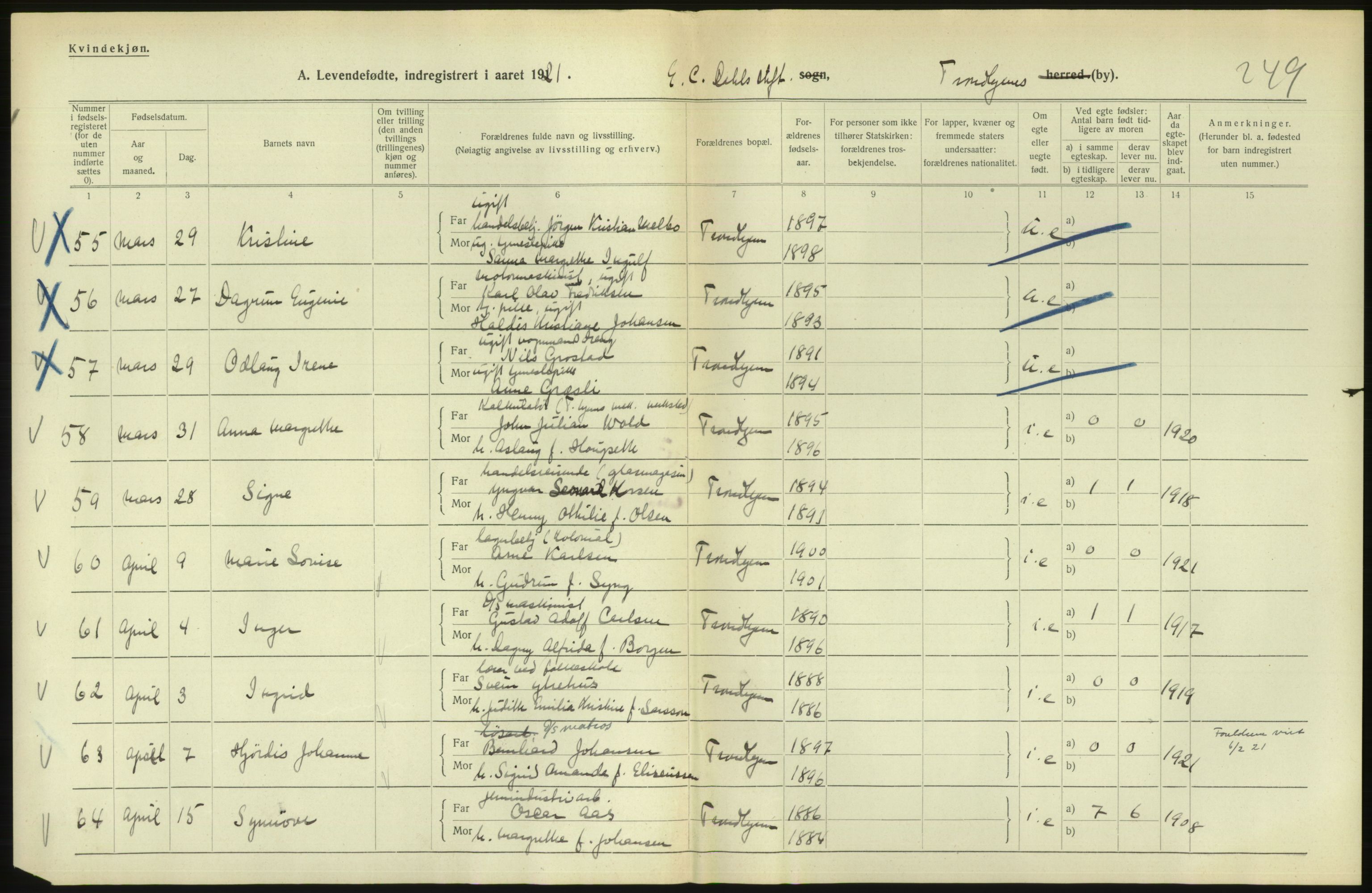 Statistisk sentralbyrå, Sosiodemografiske emner, Befolkning, RA/S-2228/D/Df/Dfc/Dfca/L0045: Trondheim: Levendefødte menn og kvinner, gifte., 1921, p. 434