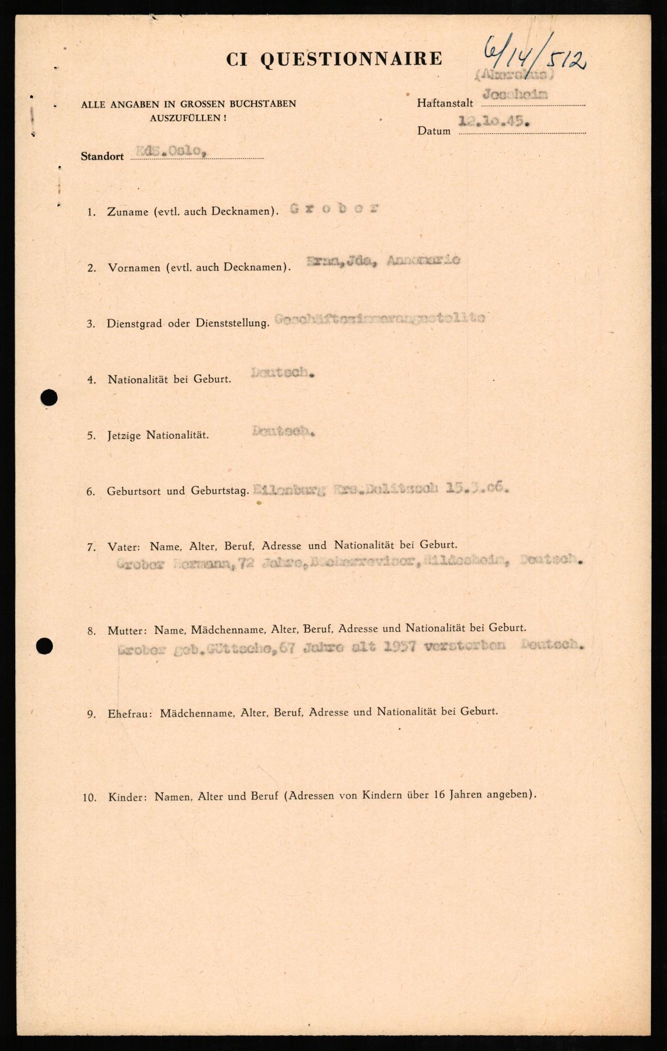 Forsvaret, Forsvarets overkommando II, AV/RA-RAFA-3915/D/Db/L0010: CI Questionaires. Tyske okkupasjonsstyrker i Norge. Tyskere., 1945-1946, p. 213