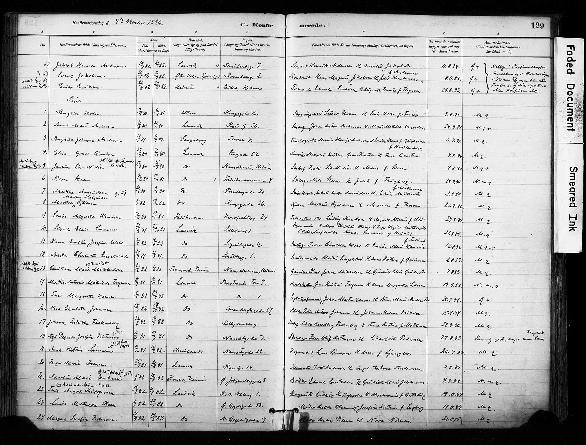 Larvik kirkebøker, SAKO/A-352/F/Fa/L0008: Parish register (official) no. I 8, 1884-1902, p. 129