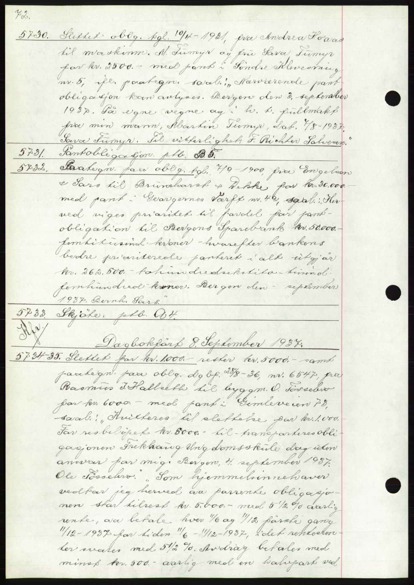 Byfogd og Byskriver i Bergen, AV/SAB-A-3401/03: Mortgage book no. C 5, 1937-1937, Diary no: : 5730/1937