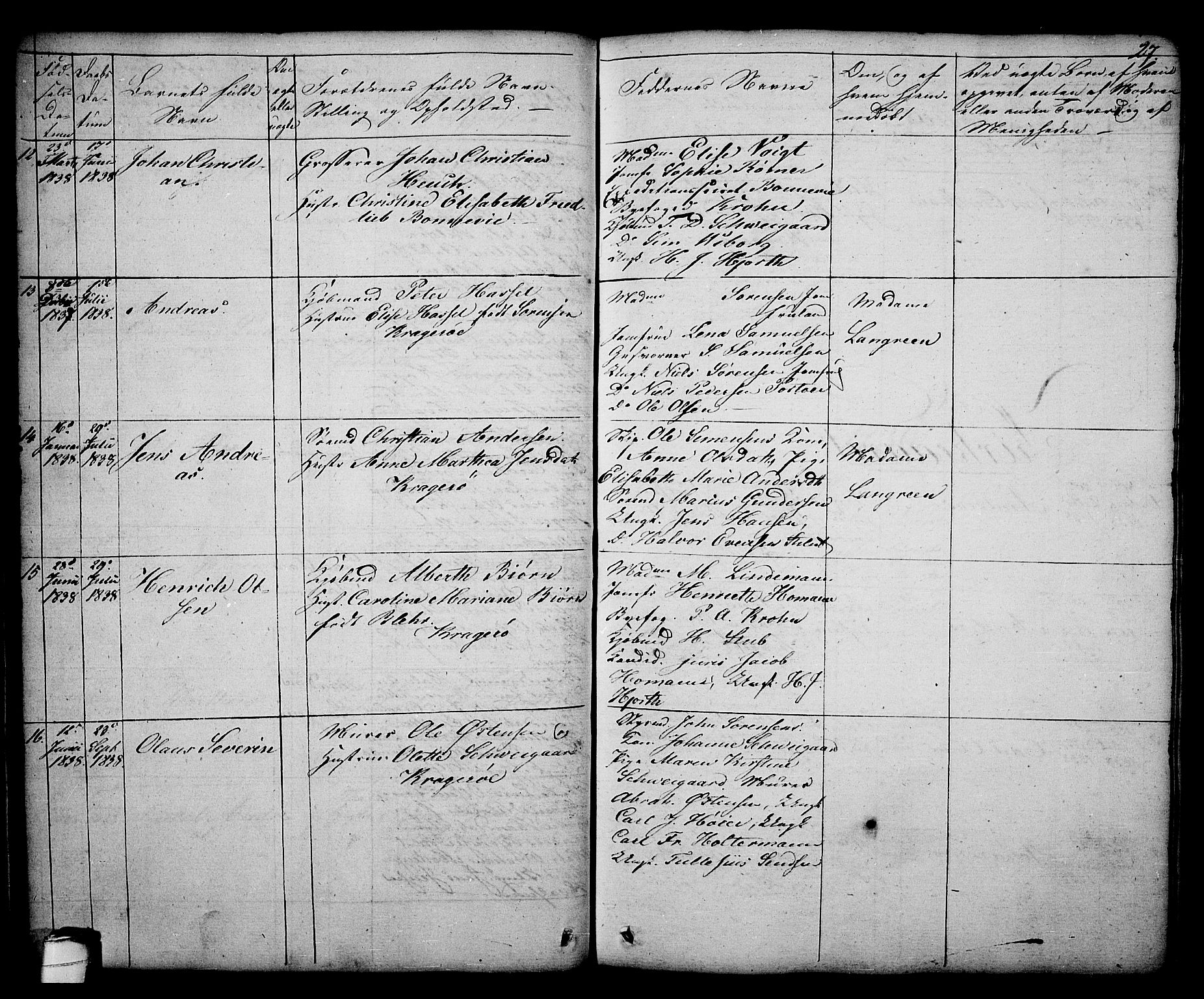 Kragerø kirkebøker, AV/SAKO-A-278/G/Ga/L0003: Parish register (copy) no. 3, 1832-1852, p. 27