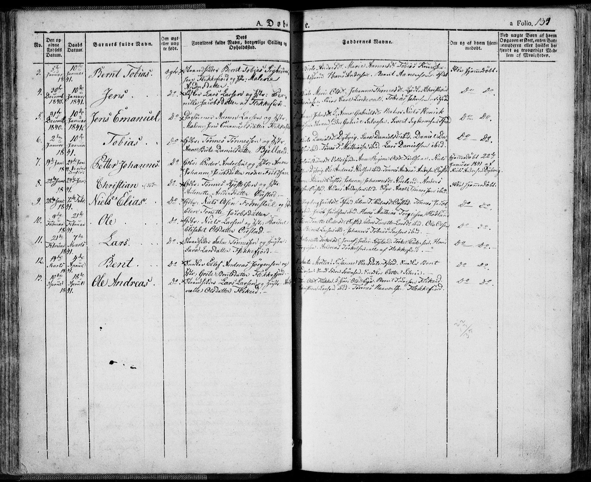 Flekkefjord sokneprestkontor, AV/SAK-1111-0012/F/Fa/Fac/L0003: Parish register (official) no. A 3, 1826-1841, p. 134