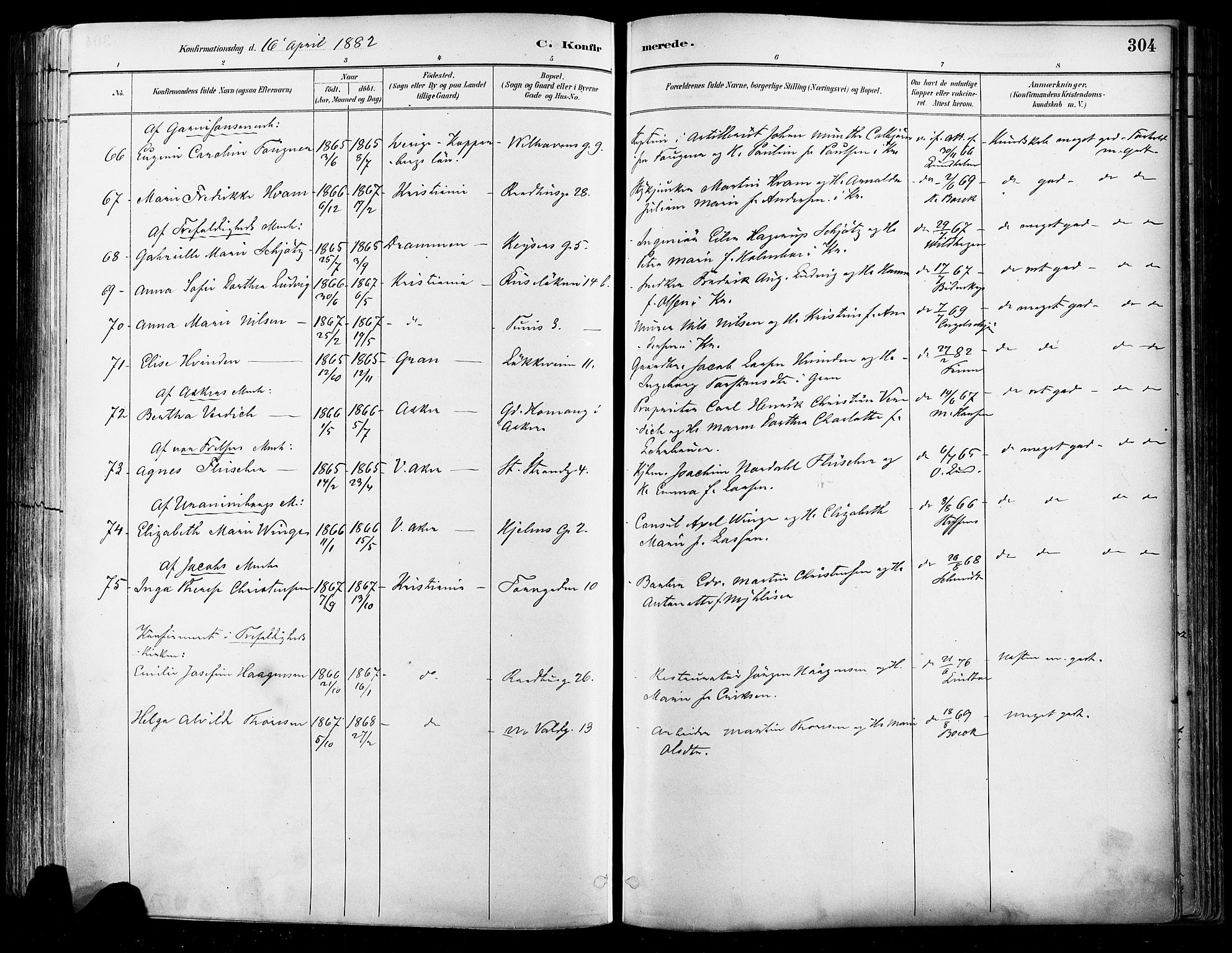 Johannes prestekontor Kirkebøker, AV/SAO-A-10852/F/Fa/L0003: Parish register (official) no. 3, 1882-1896, p. 304