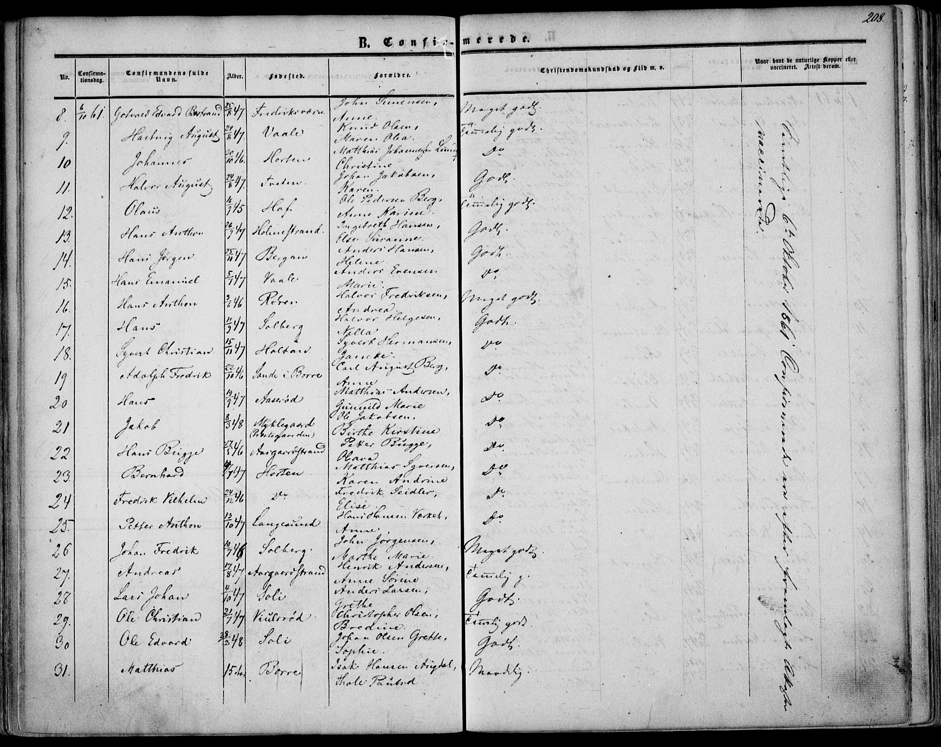 Borre kirkebøker, AV/SAKO-A-338/F/Fa/L0006: Parish register (official) no. I 6, 1852-1862, p. 208